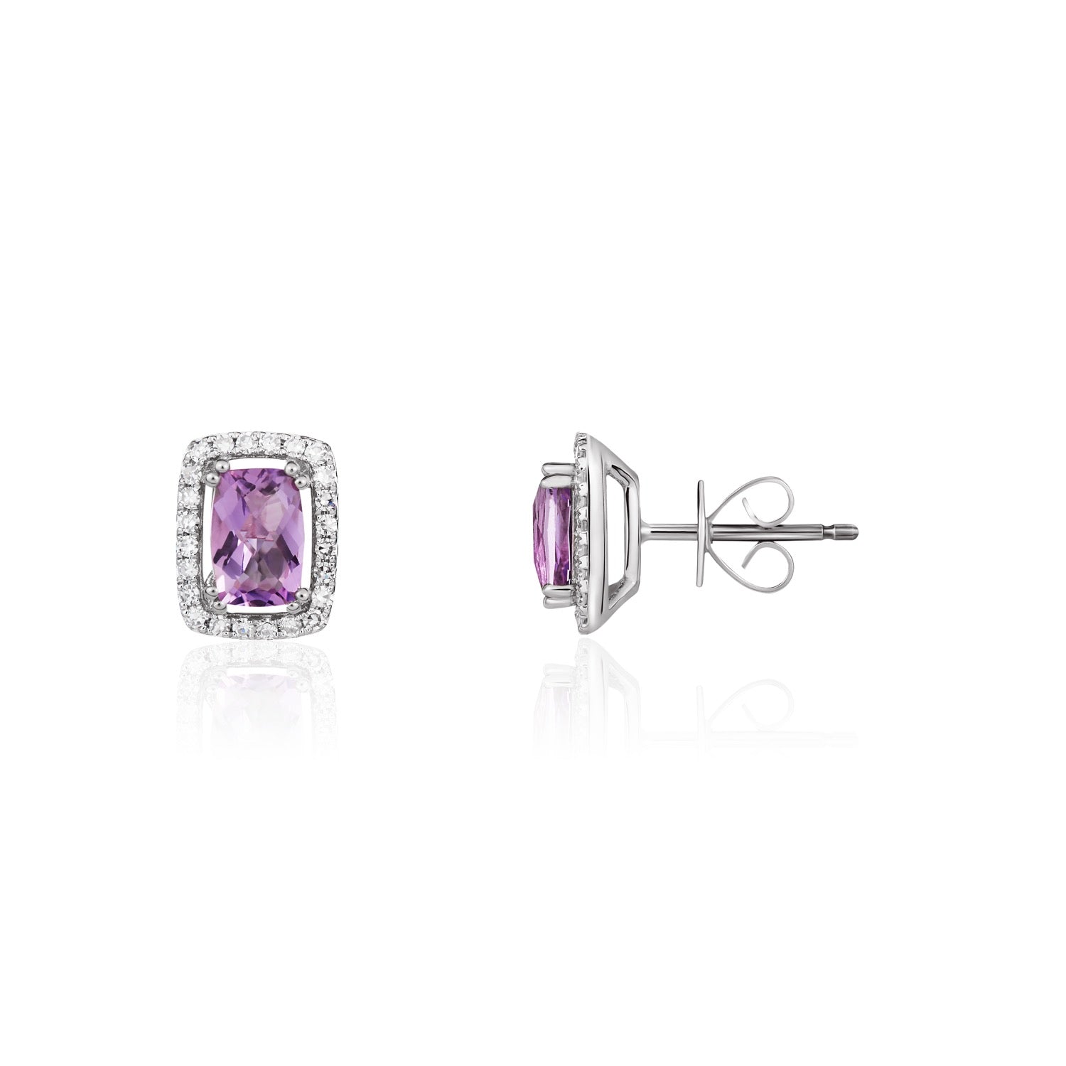9ct White Gold Octagonal Cushion Amethyst & Diamond Cluster Earrings