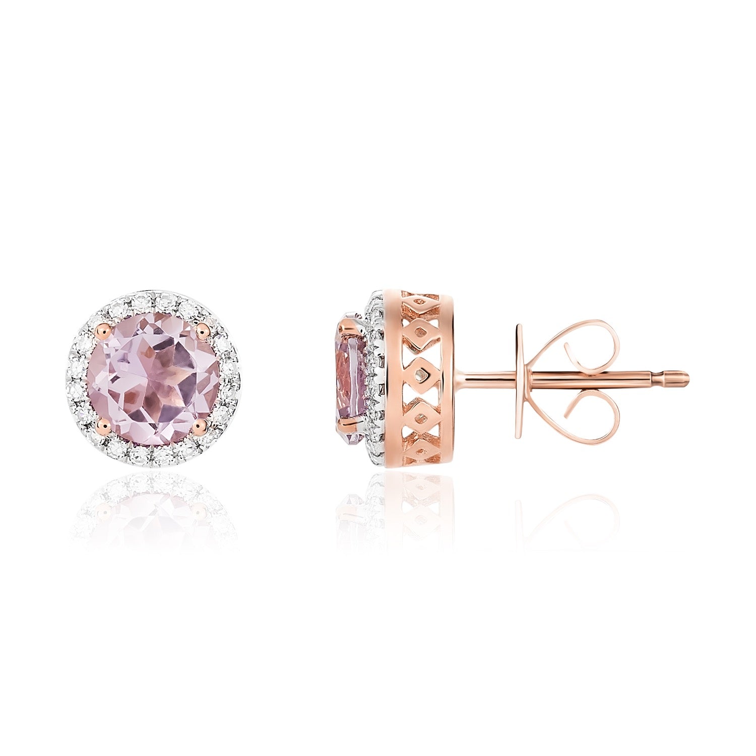 9ct Rose Gold 6mm Round Pink Amethyst and Diamond Claw Cluster Earrings Rhodium to Diamonds