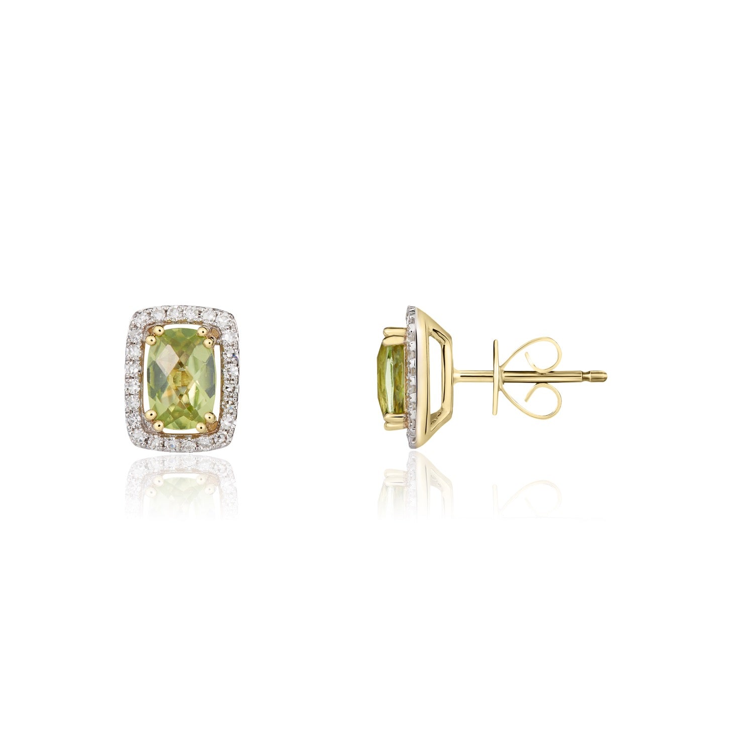 9ct Yellow Gold Octagonal Cushion Peridot & Diamond Cluster Earrings