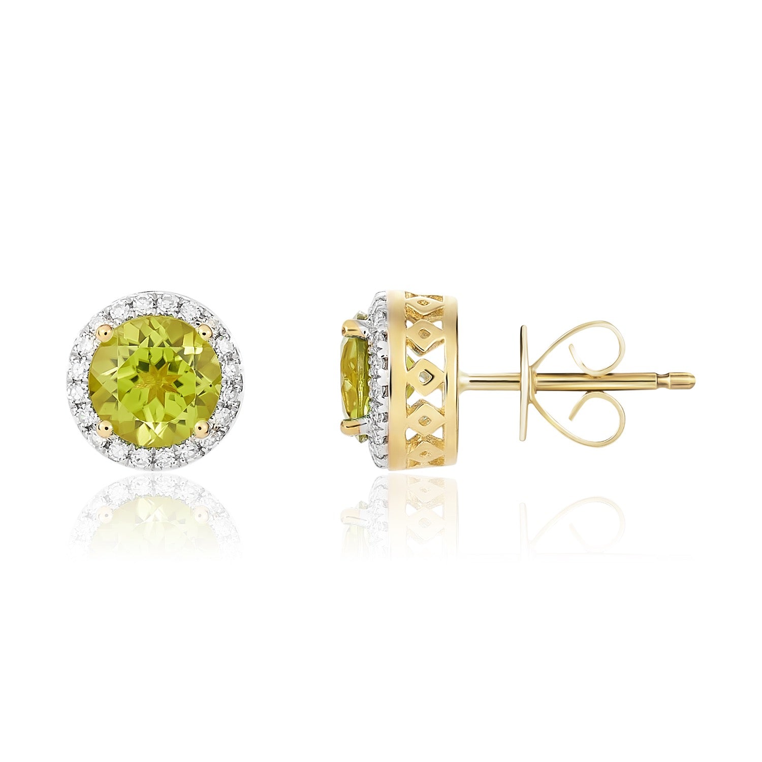 9ct Yellow Gold 6mm Round Peridot and Diamond Claw Cluster Earrings Rhodium to Diamonds