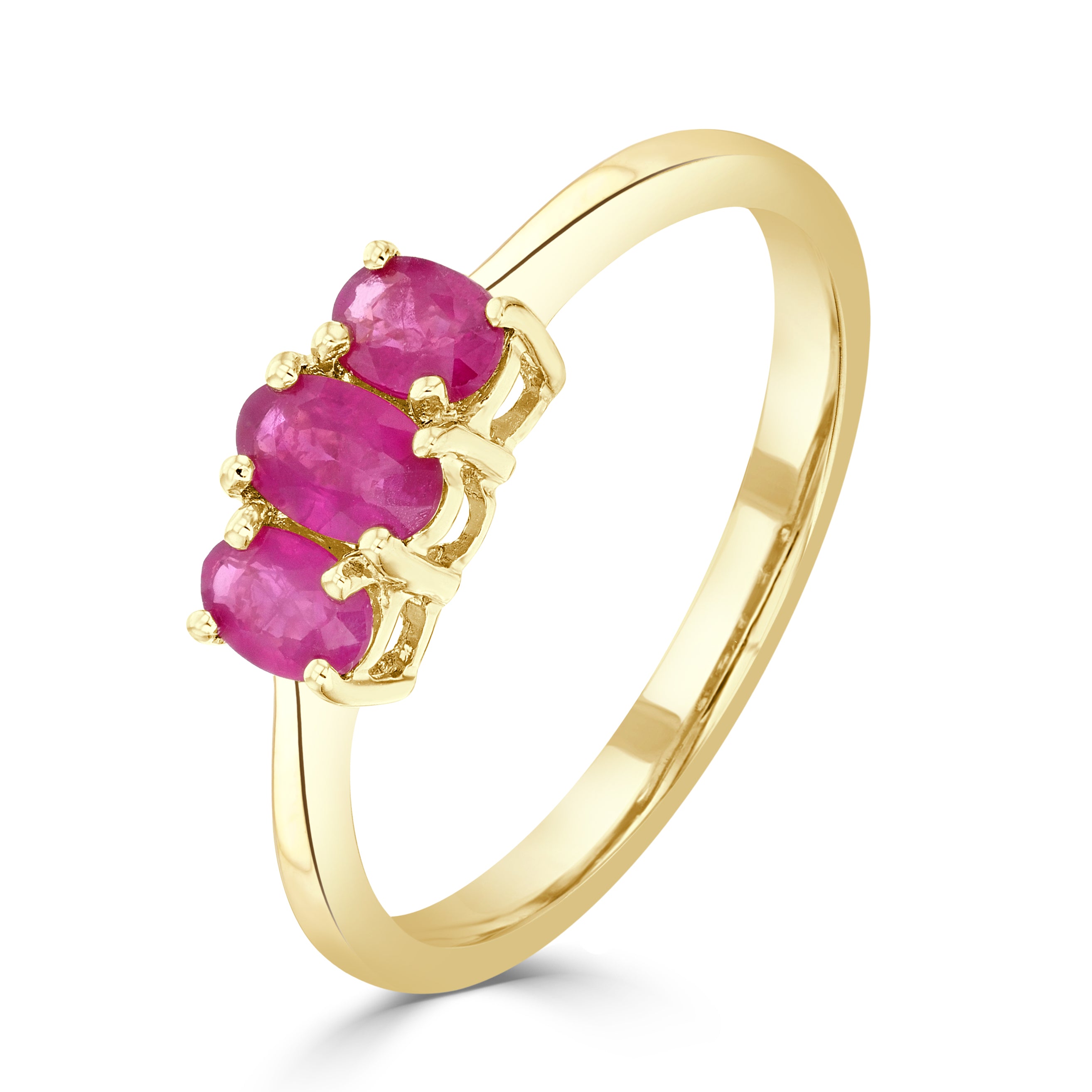 9ct Yellow Gold Oval Ruby 3 Stone Claw Set Ring