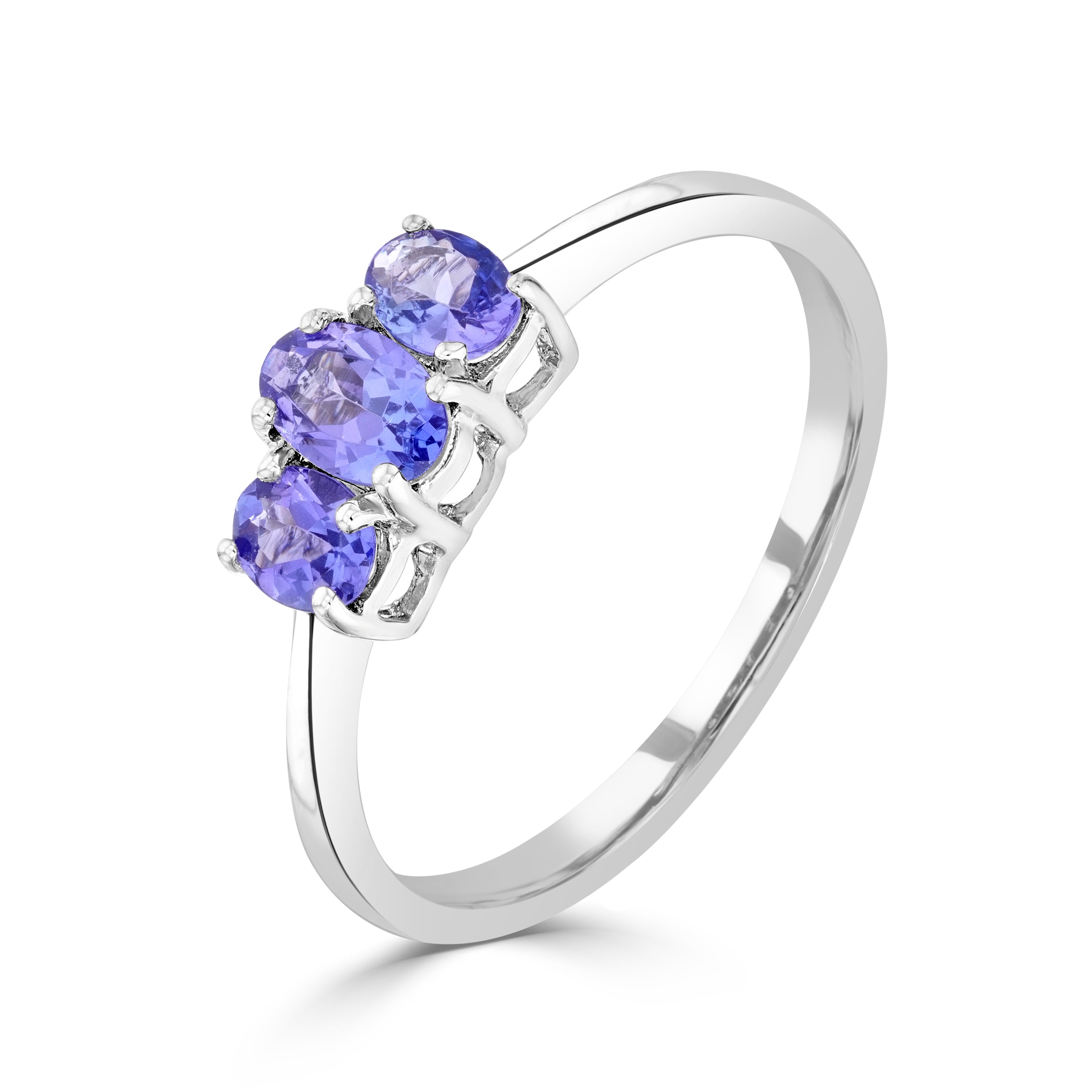 9ct White Gold Oval Tanzanite 3 Stone Claw Set Ring
