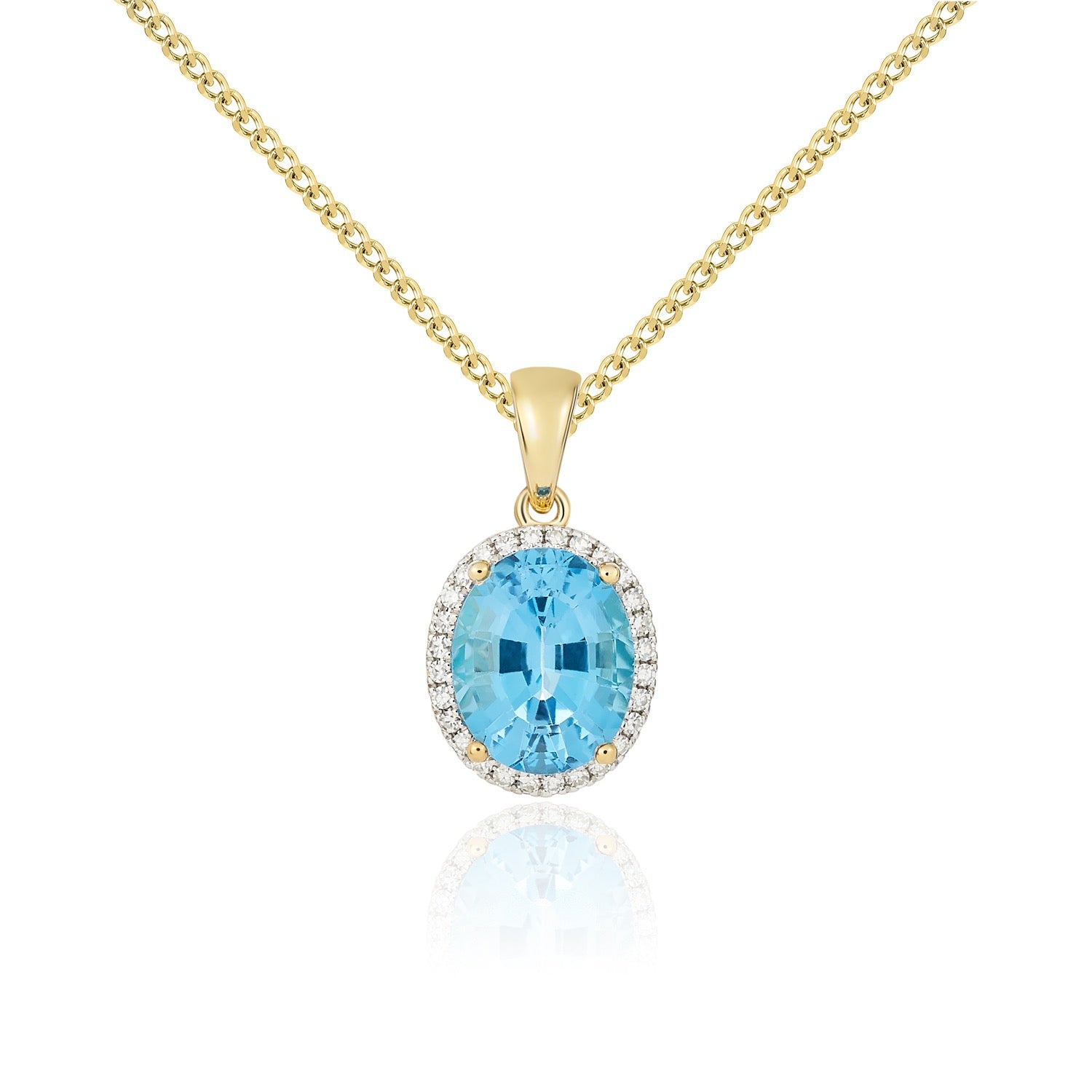 9ct Yellow Gold 10x8 Oval Swiss Blue Topaz & Diamond Claw Set Cluster Pendant Rhodium to Diamonds