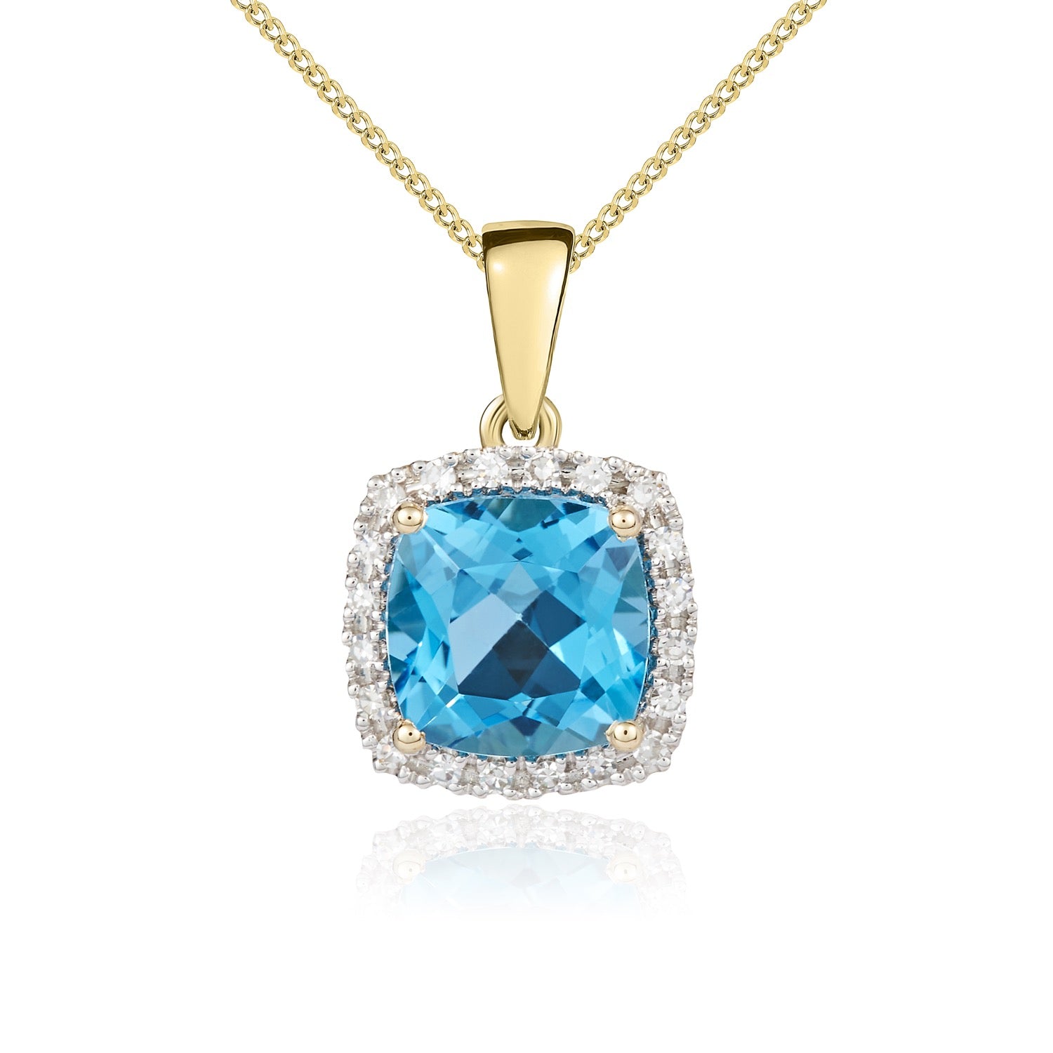 9ct Yellow Gold Cushion Swiss Blue Topaz & Diamond Cluster Pendant