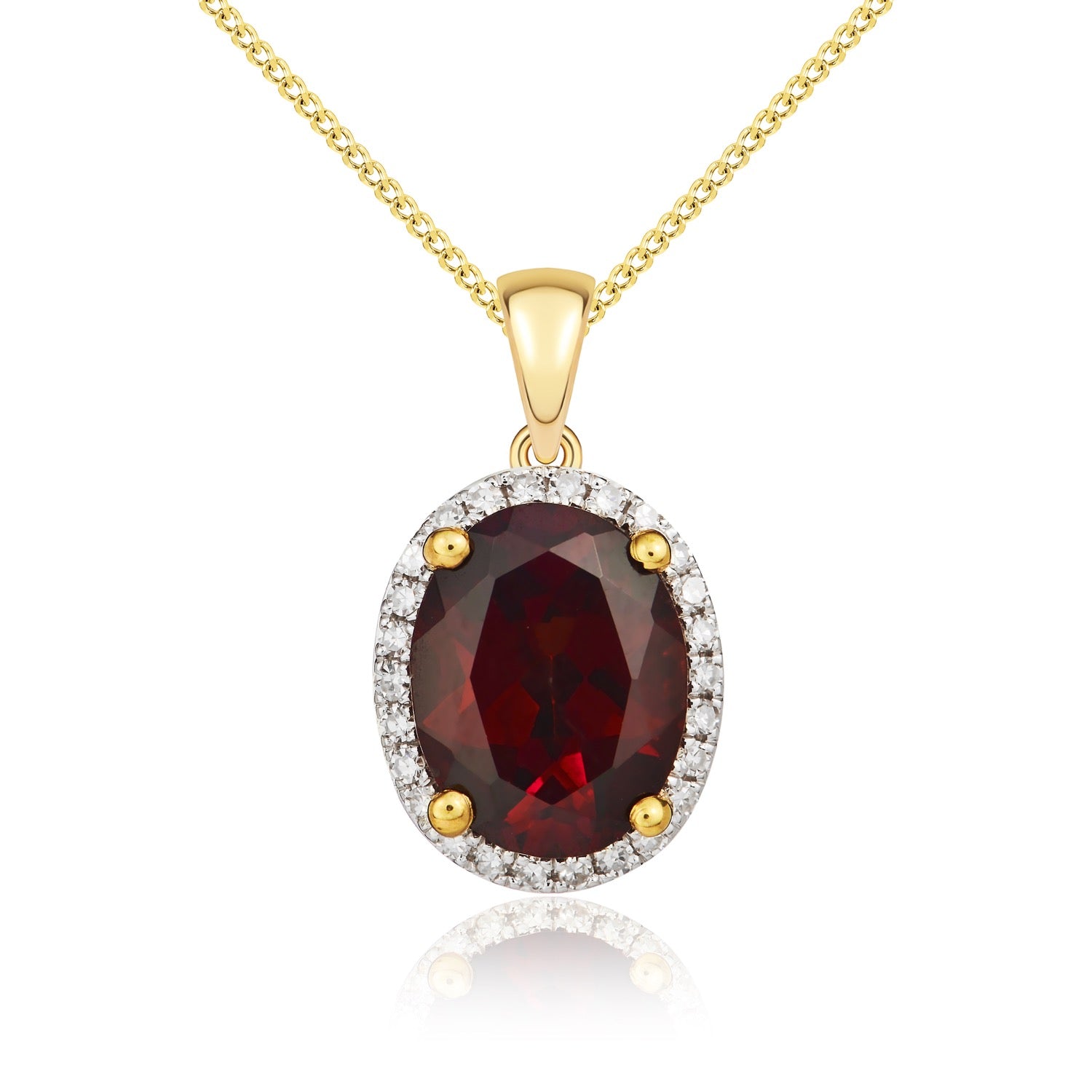 9ct Yellow Gold Oval Garnet & Diamond Cluster Pendant