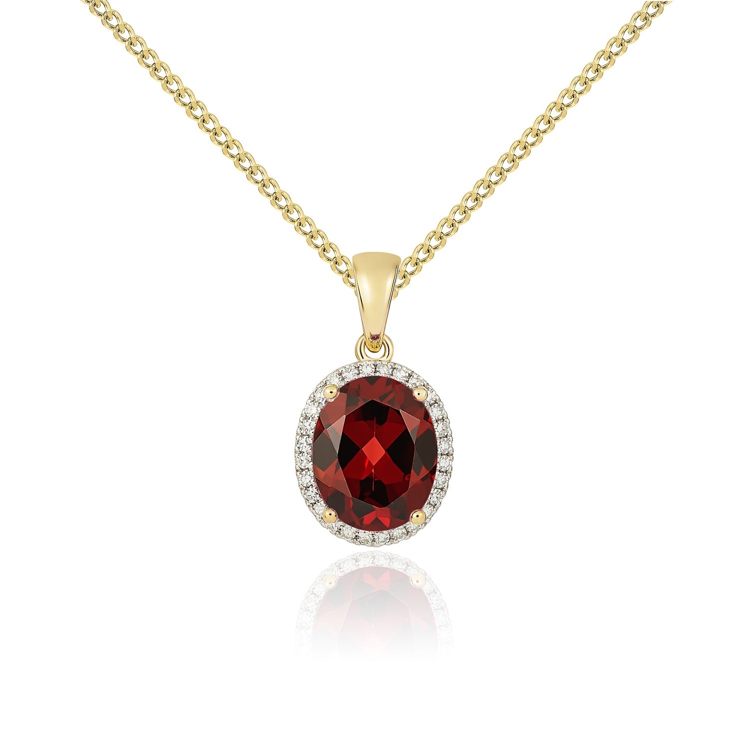 9ct Yellow Gold 10x8 Oval Garnet & Diamond Claw Cluster Pendant Rhodium to Diamonds