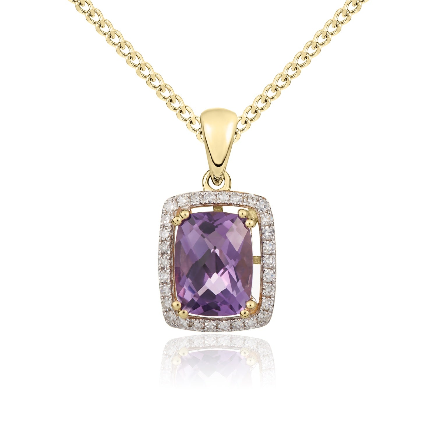 9ct Yellow Gold Octagonal Cushion Amethyst & Diamond Cluster Pendant