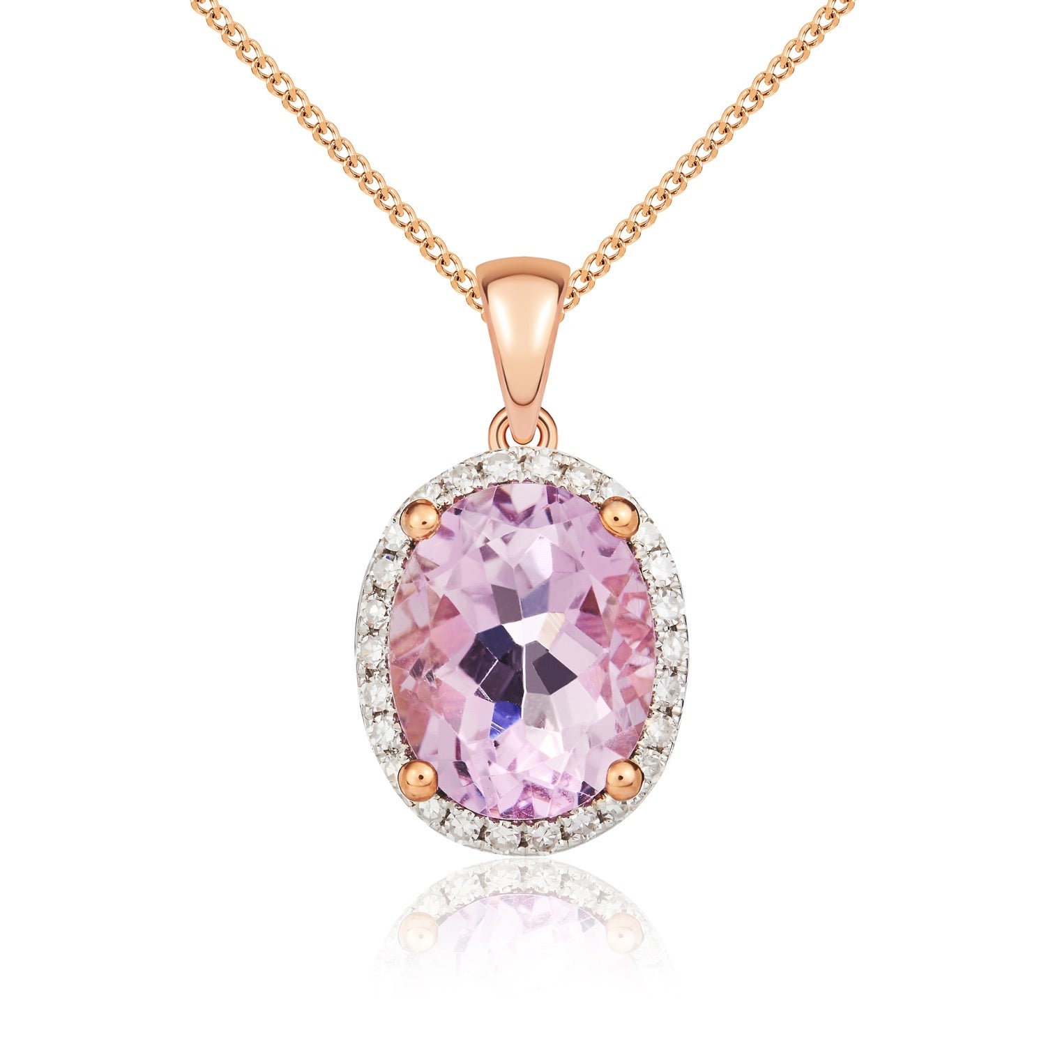 9ct Rose Gold Oval Pink Amethyst & Diamond Cluster Pendant