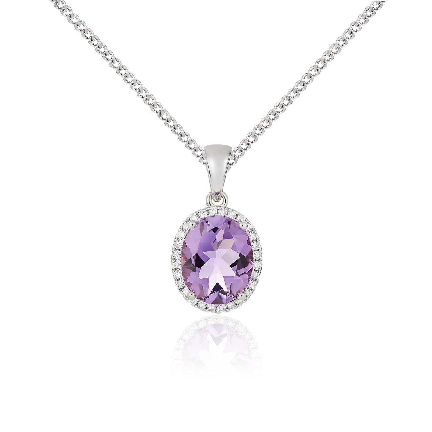 9ct White Gold 10x8 Oval Amethyst and Diamond Claw Set Cluster Pendant