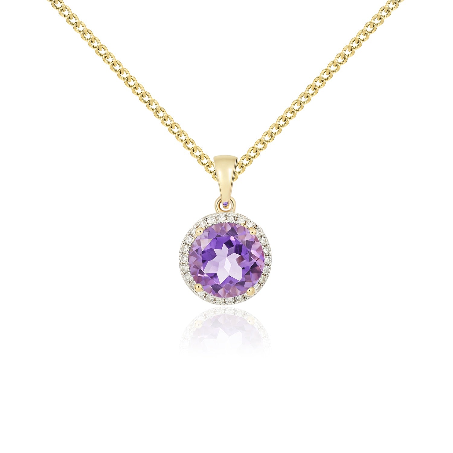 9ct Yellow Gold Round Amethyst & Diamond Cluster Pendant