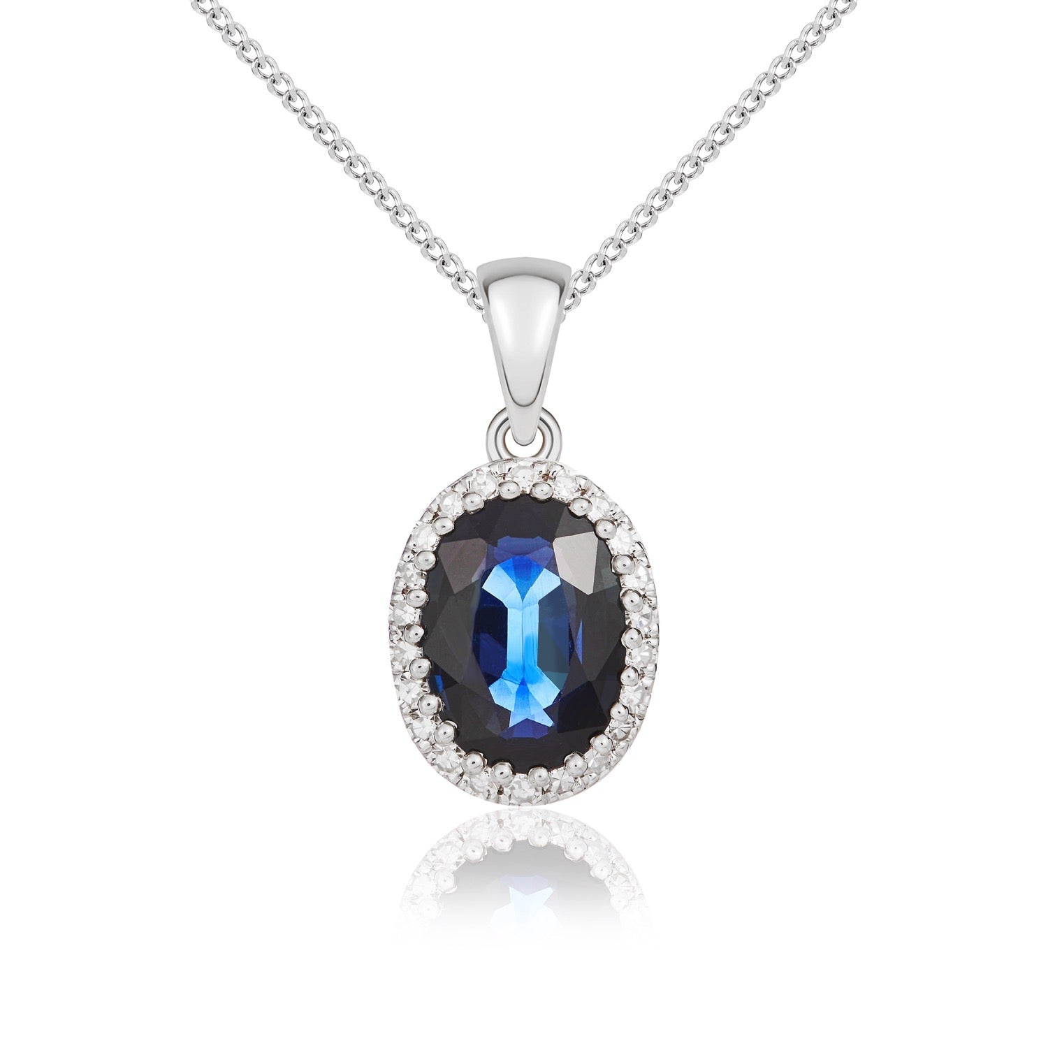 9ct White Gold Oval Blue Sapphire & Diamond Cluster Pendant