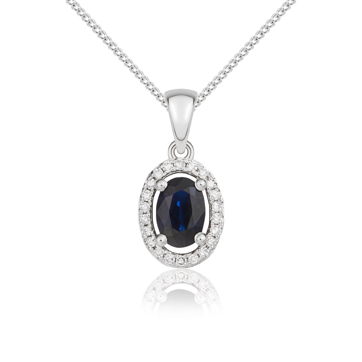 9ct White Gold 6x4 Oval Sapphire and Round Diamond Halo Cluster Pendant with Plain Loop Top
