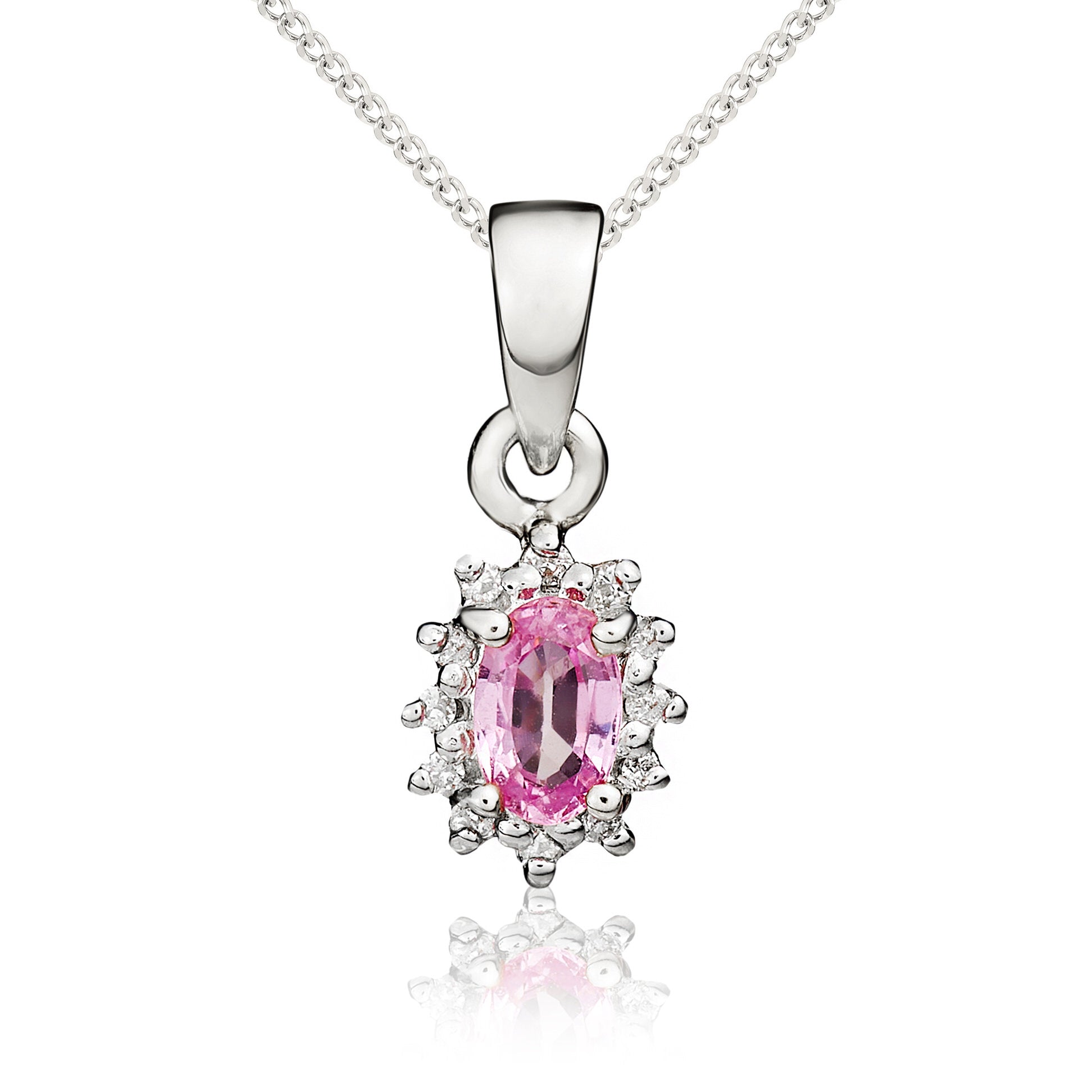 9ct White Gold Oval Pink Sapphire & Diamond Cluster Pendant