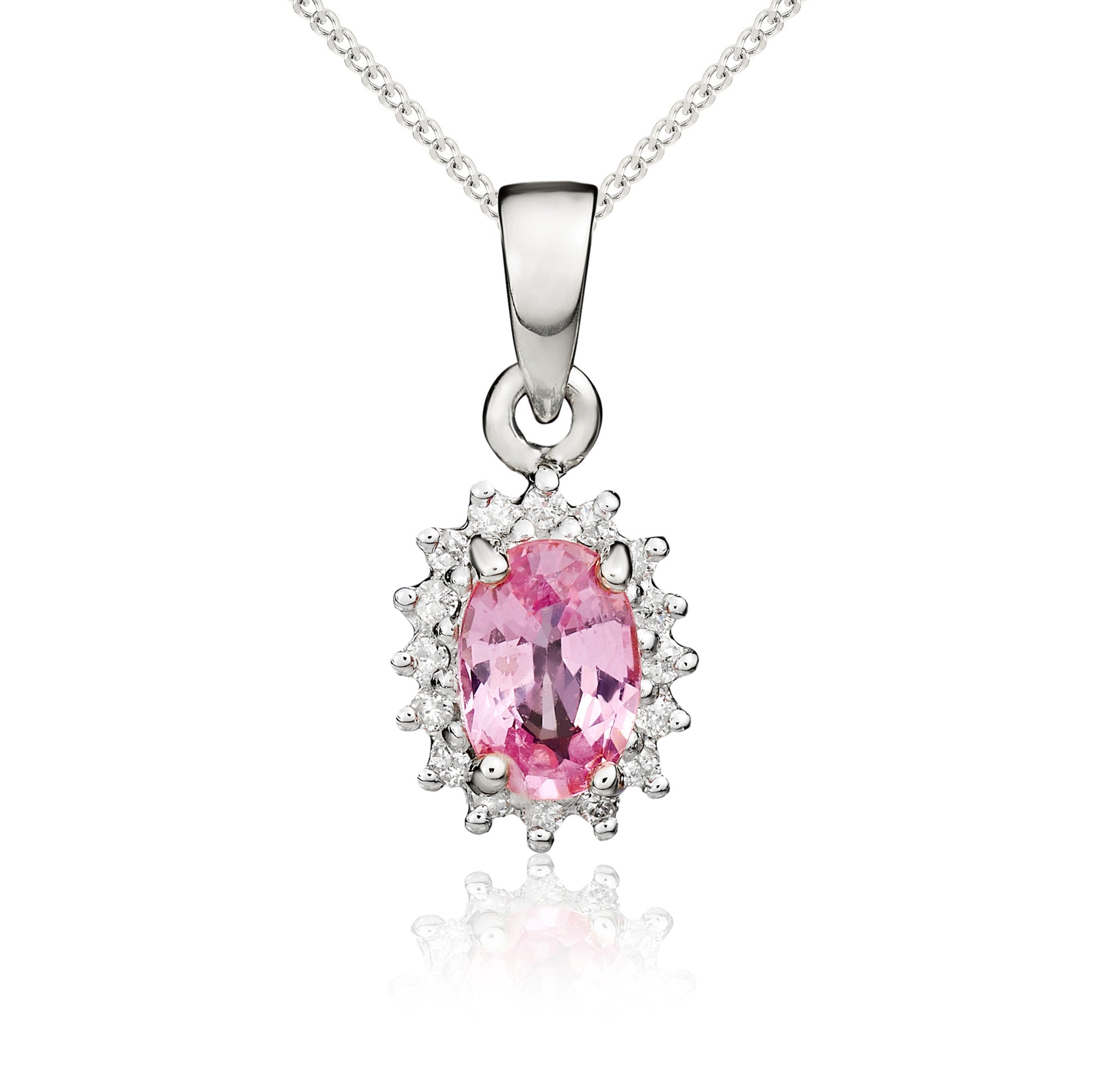 9ct White Gold Oval Pink Sapphire & Diamond Claw Cluster Pendant Stones Unavailable So Cannot Order