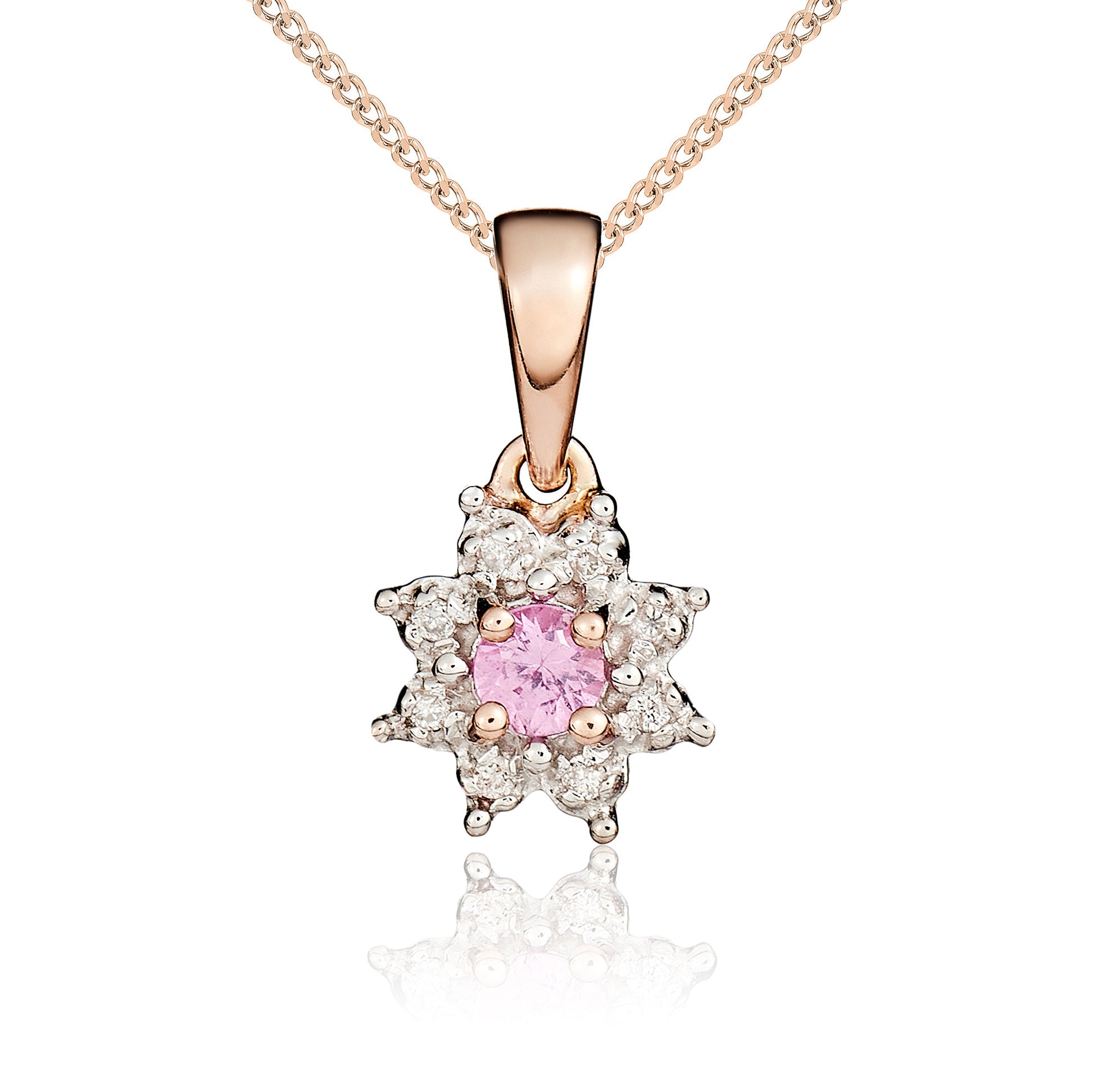 9ct Rose Gold Round Pink Sap & Diamond Cluster Claw Pendant