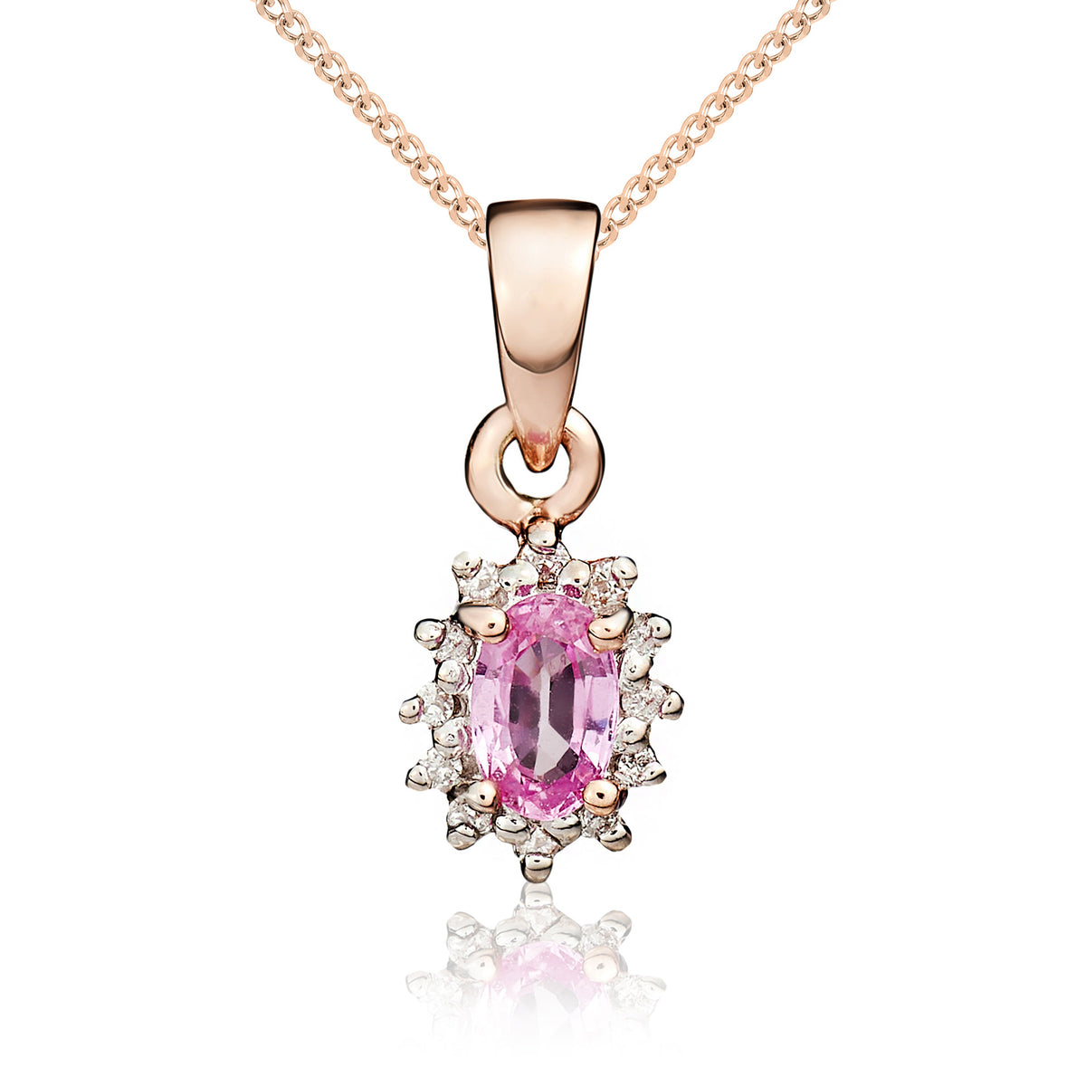 9ct Yellow Gold Oval 5x3 Pink Sapphire & Diamond Cluster Claw Pendant