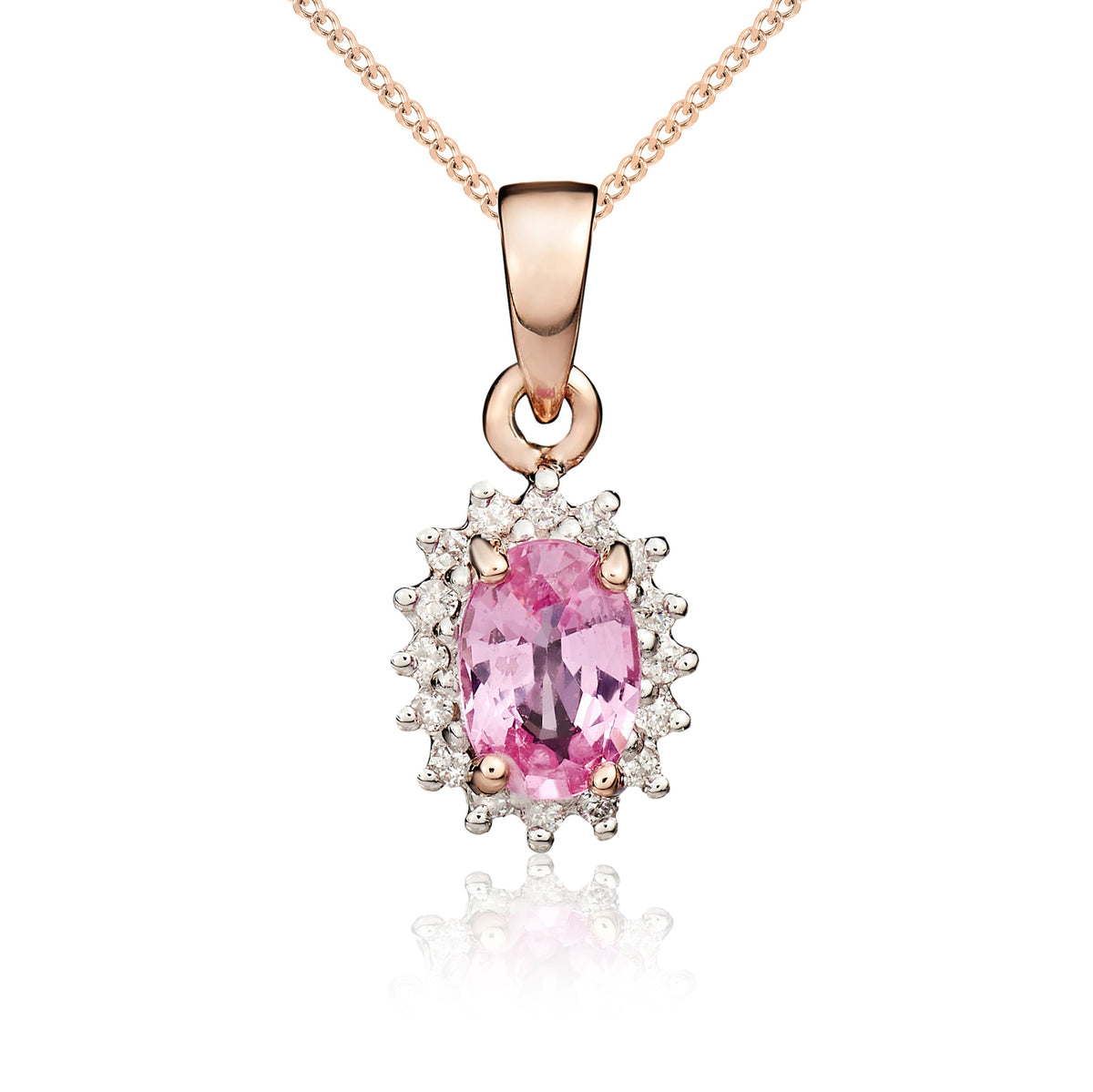 9ct Rose Gold Oval Pink Sapphire & Diamond Cluster Claw Pendant Stones Unavailable So Cannot Order