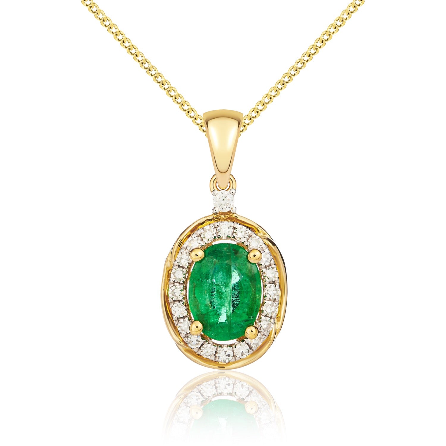 9ct Yellow Gold 7x5 Oval Emerald & Diamond Cluster Pendant with Rope Edge Rhodium to Diamonds