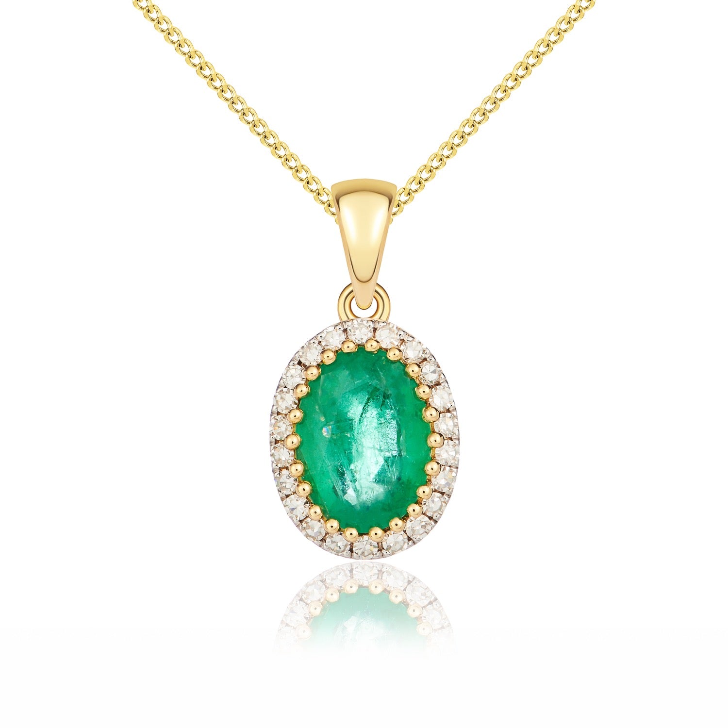 9ct Yellow Gold Oval Emerald and Round Diamond Claw Set Cluster Pendant with Plain Loop Rhodium to Diamonds