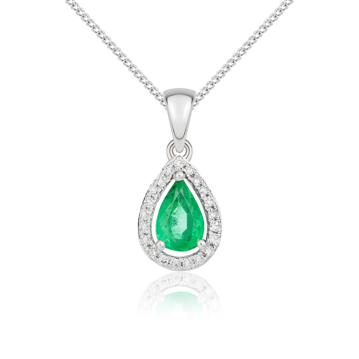 9ct White Gold 6x4 Pear Shape Emerald & Diamond Halo Claw Cluster Pendant