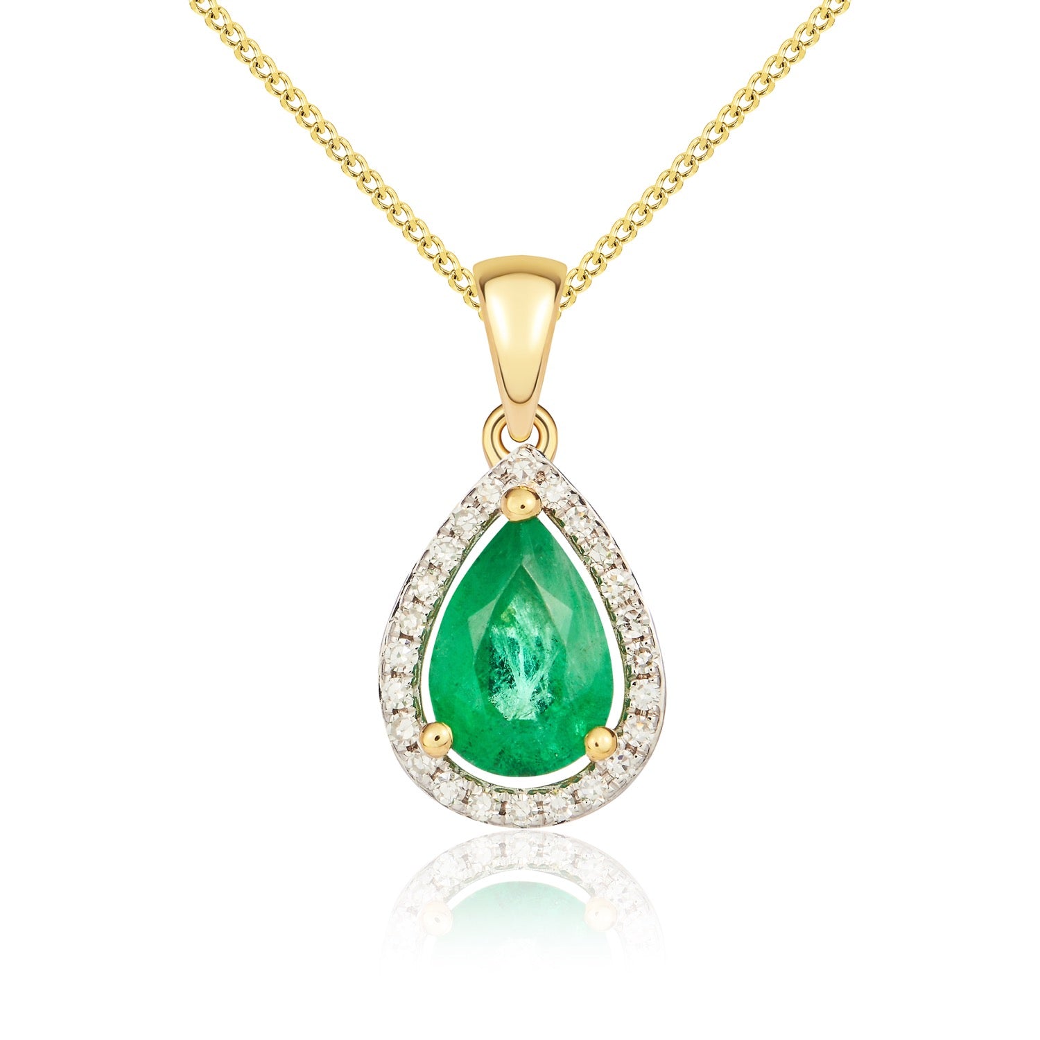 9ct Yellow Gold 7x5 Pear Shape Emerald & Diamond Halo Claw Cluster Pendant Rhodium to Diamonds