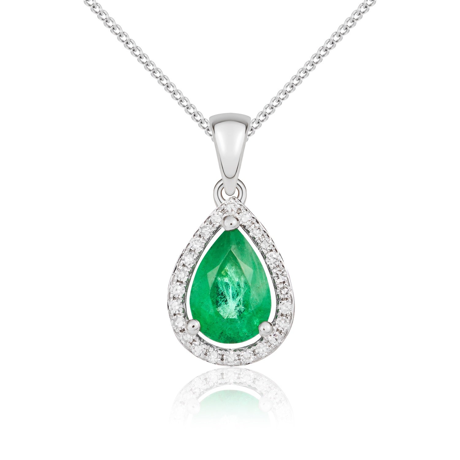 9ct White Gold 7x5 Pear Shape Emerald & Diamond Halo Claw Cluster Pendant