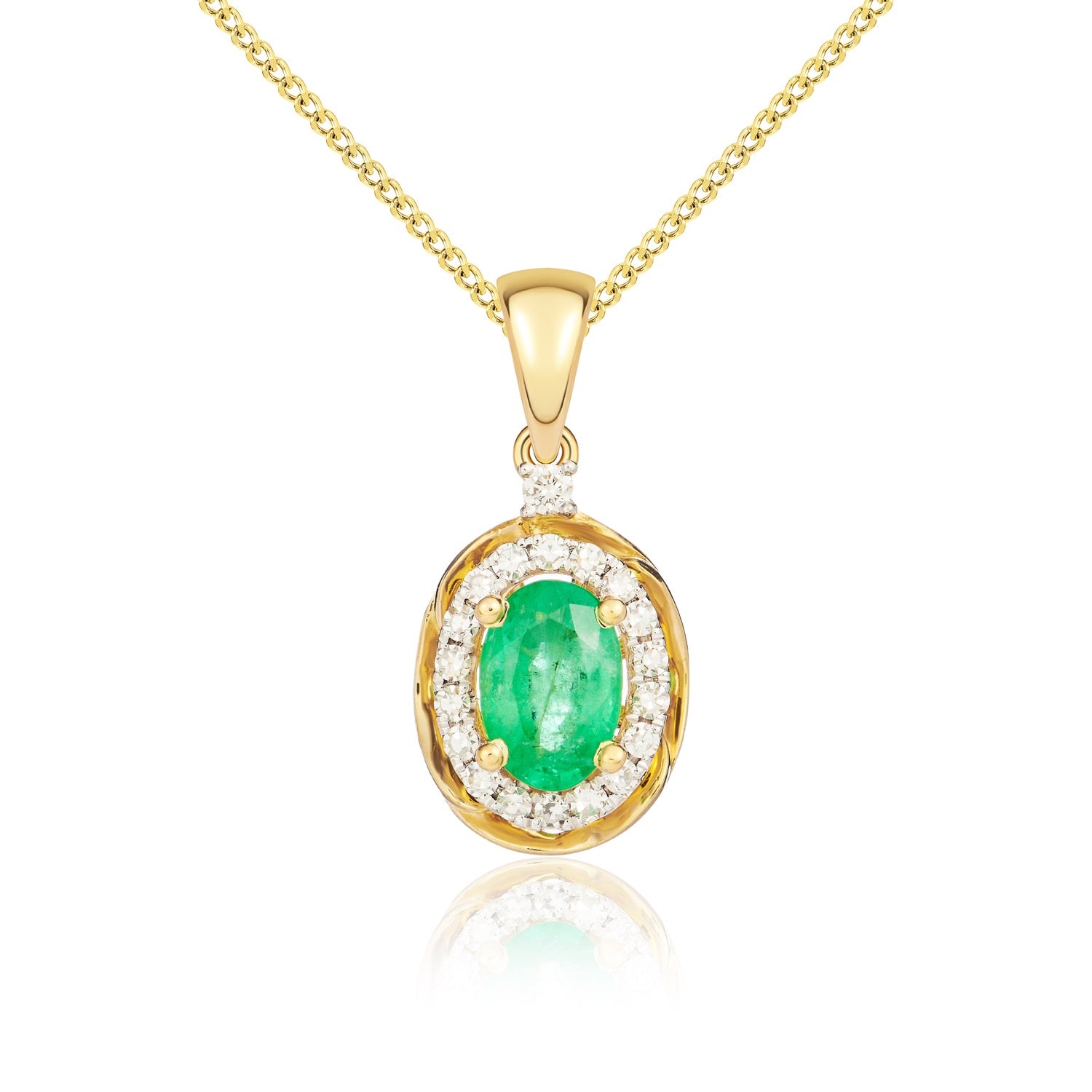 9ct Yellow Gold 6x4 Oval Emerald & Diamond Cluster Pendant with Rope Edge Rhodium to Diamonds