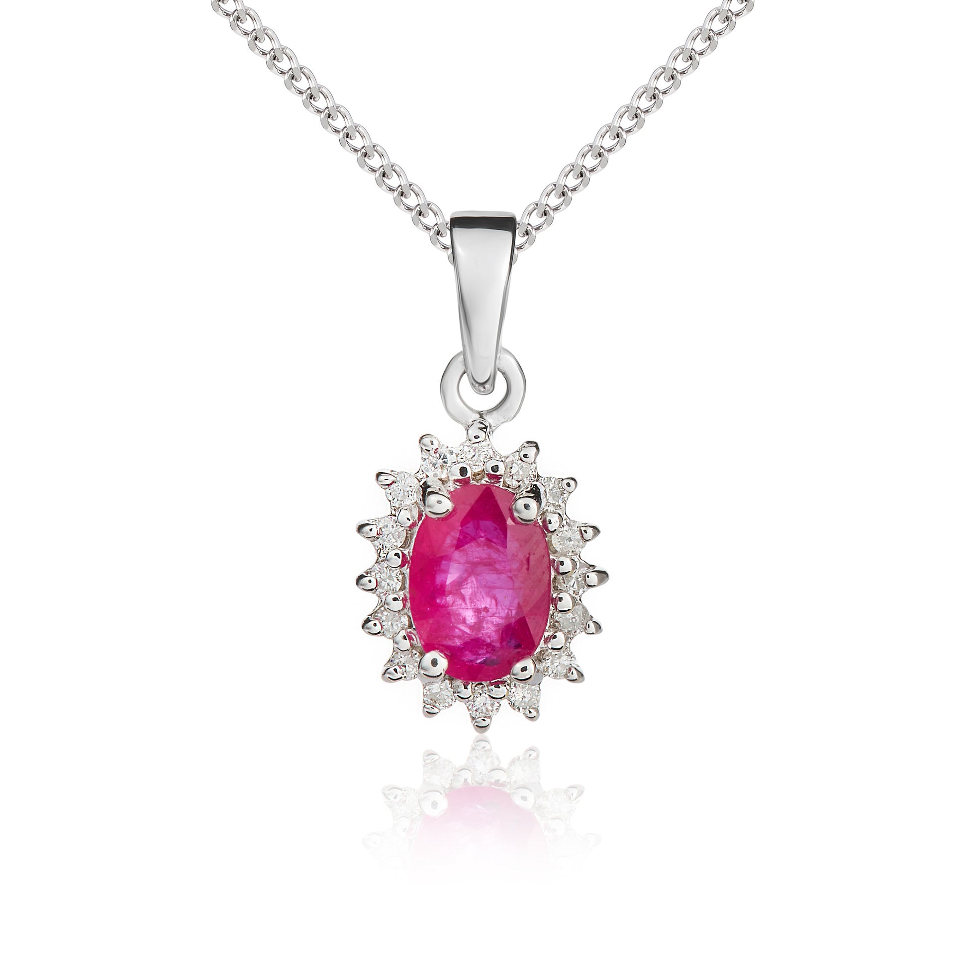 9ct White Gold Oval Ruby & Diamond Cluster Pendant