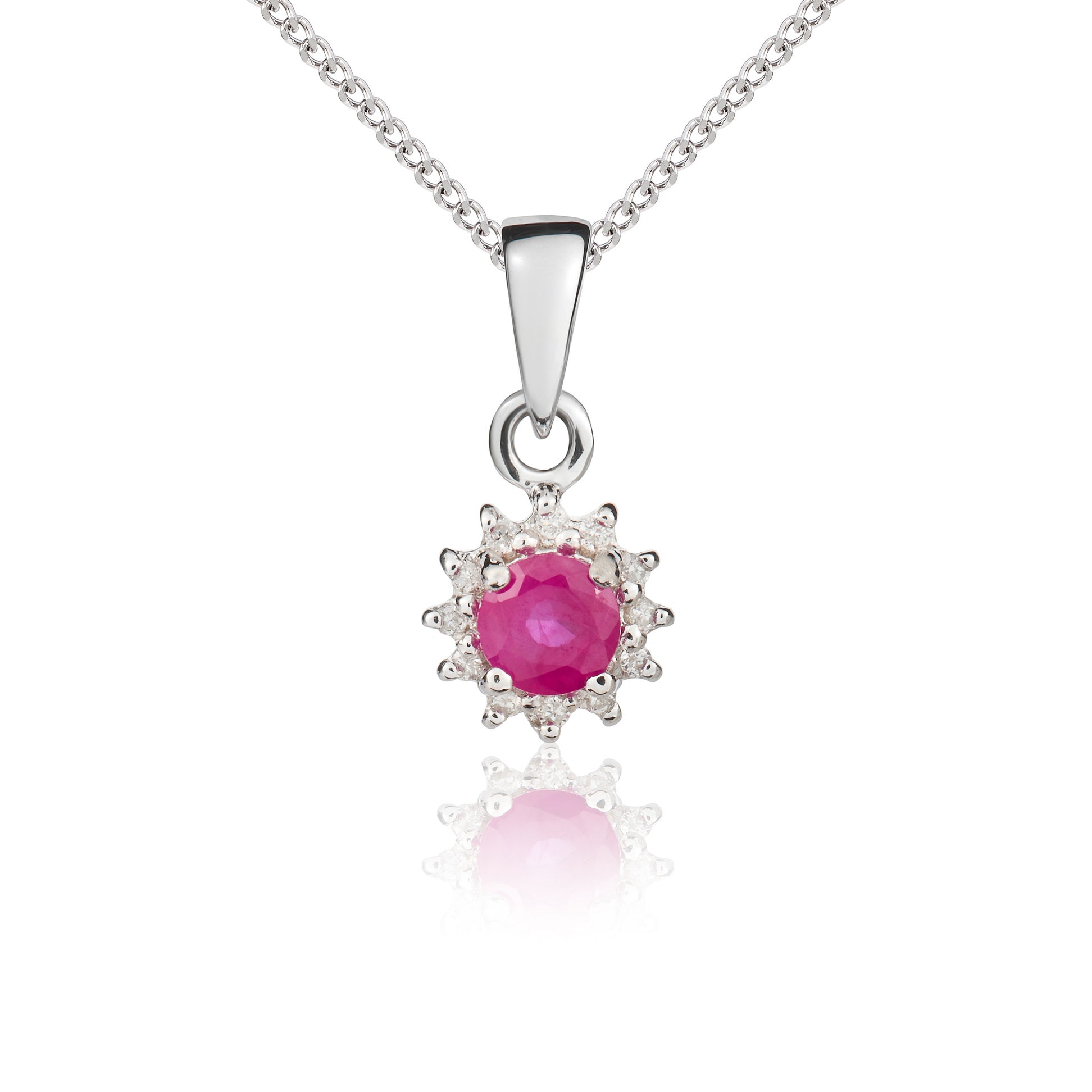 9ct White Gold Round Ruby & Diamond Cluster Pendant