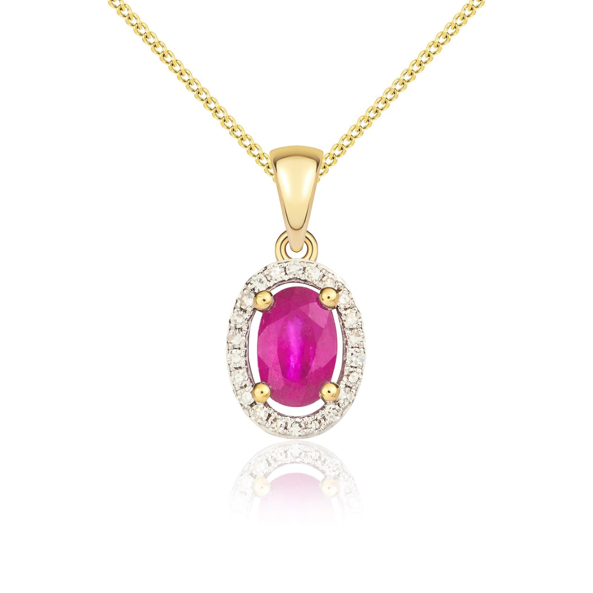 9ct Yellow Gold 6x4 Oval Ruby and Round Diamond Halo Cluster Pendant with Plain Loop Top Rhodium to Diamonds