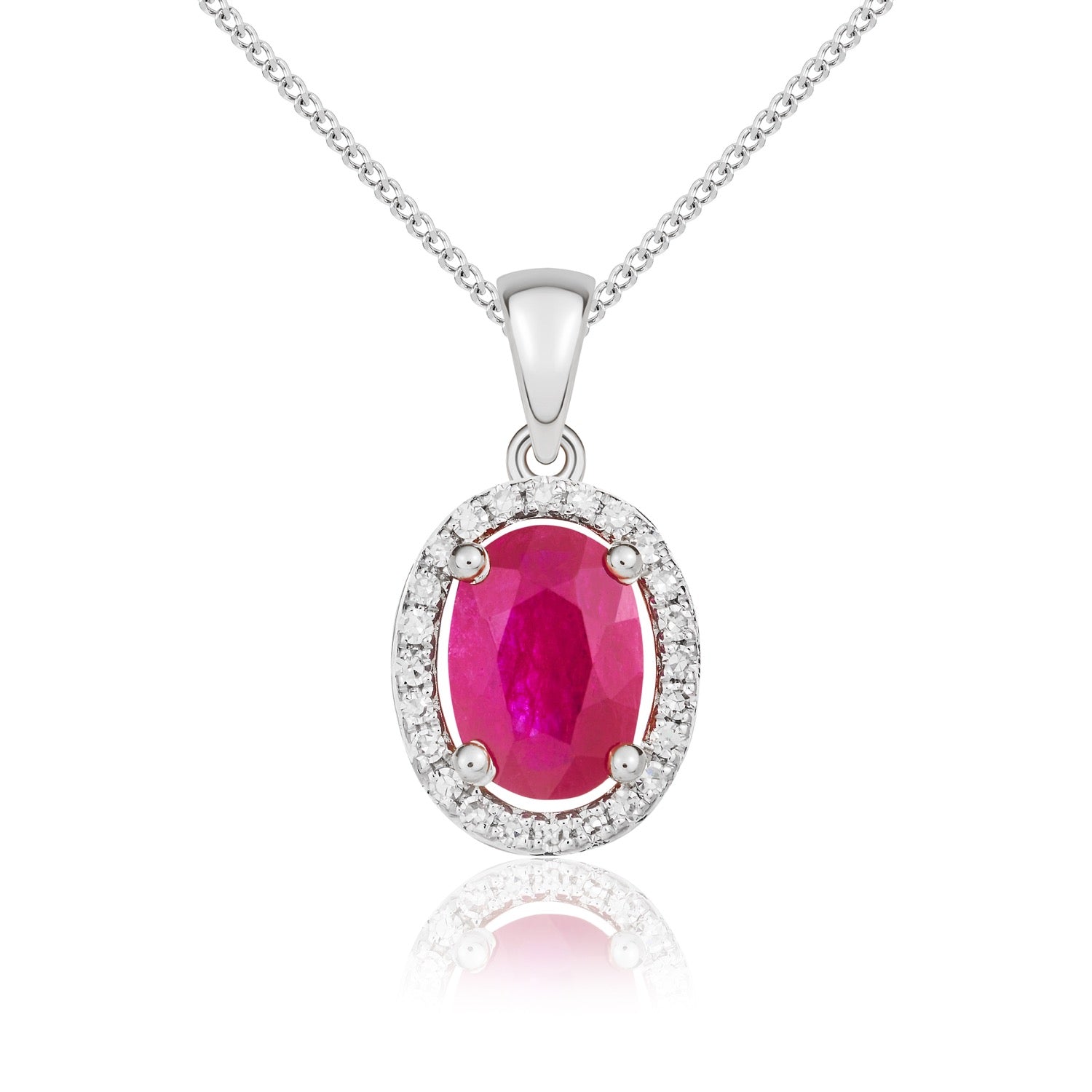 9ct White Gold 7x5mm Oval Ruby and Diamond Halo Cluster Pendant