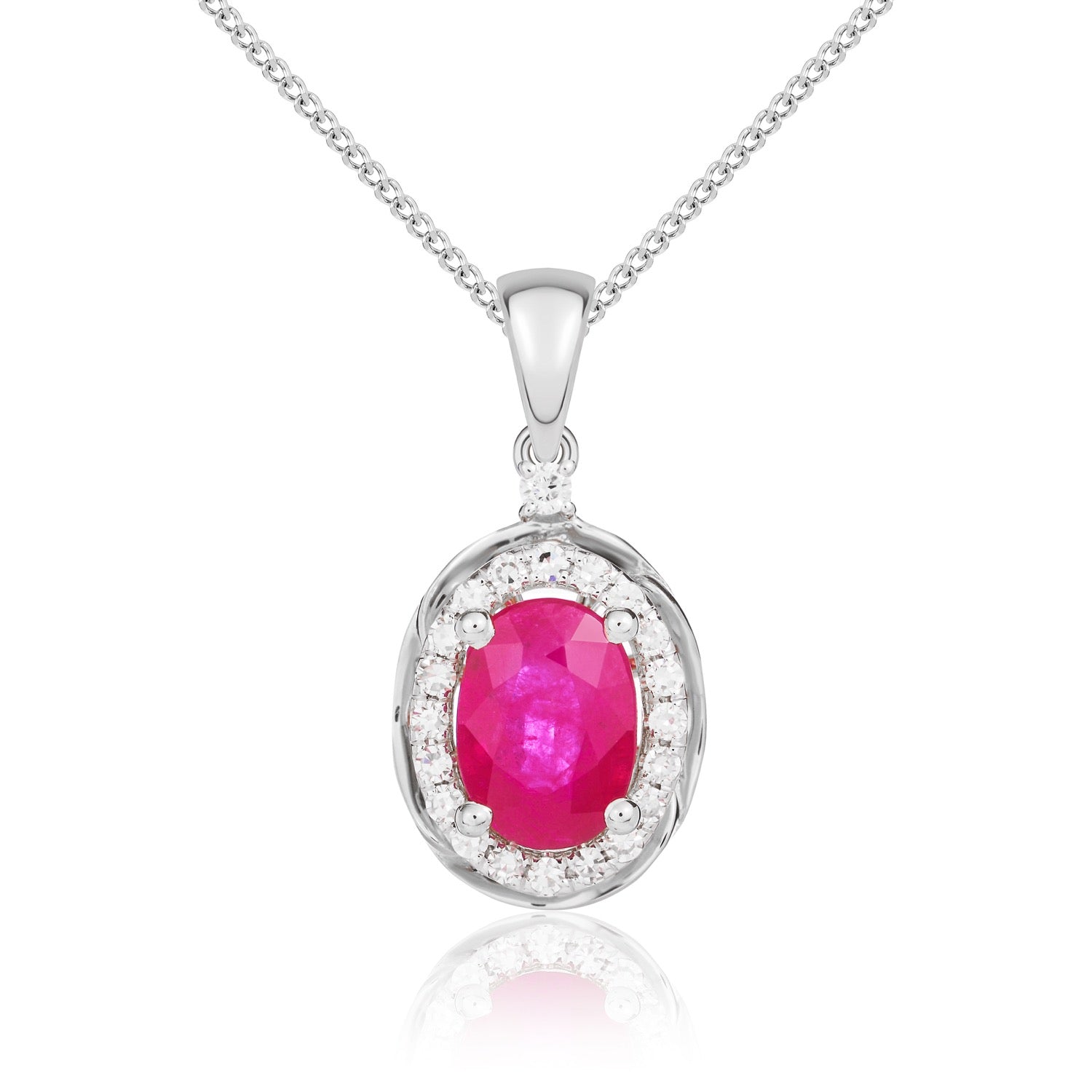 9ct White Gold 7x5 Oval Ruby & Diamond Cluster Pendant with Rope Edge