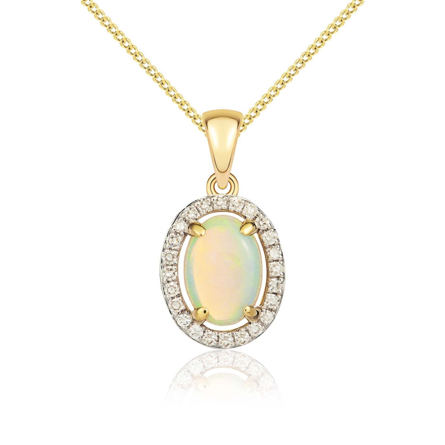 9ct Yellow Gold 7x5mm Oval Opal and Diamond Halo Cluster Pendant Rhodium to Diamonds