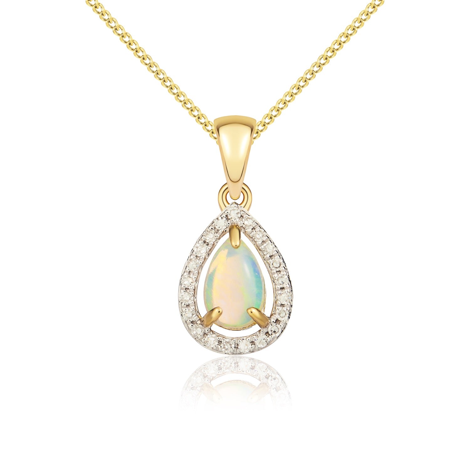 9ct Yellow Gold 6x4 Pear Shape Opal & Diamond Halo Claw Cluster Pendant Rhdoium to Diamonds
