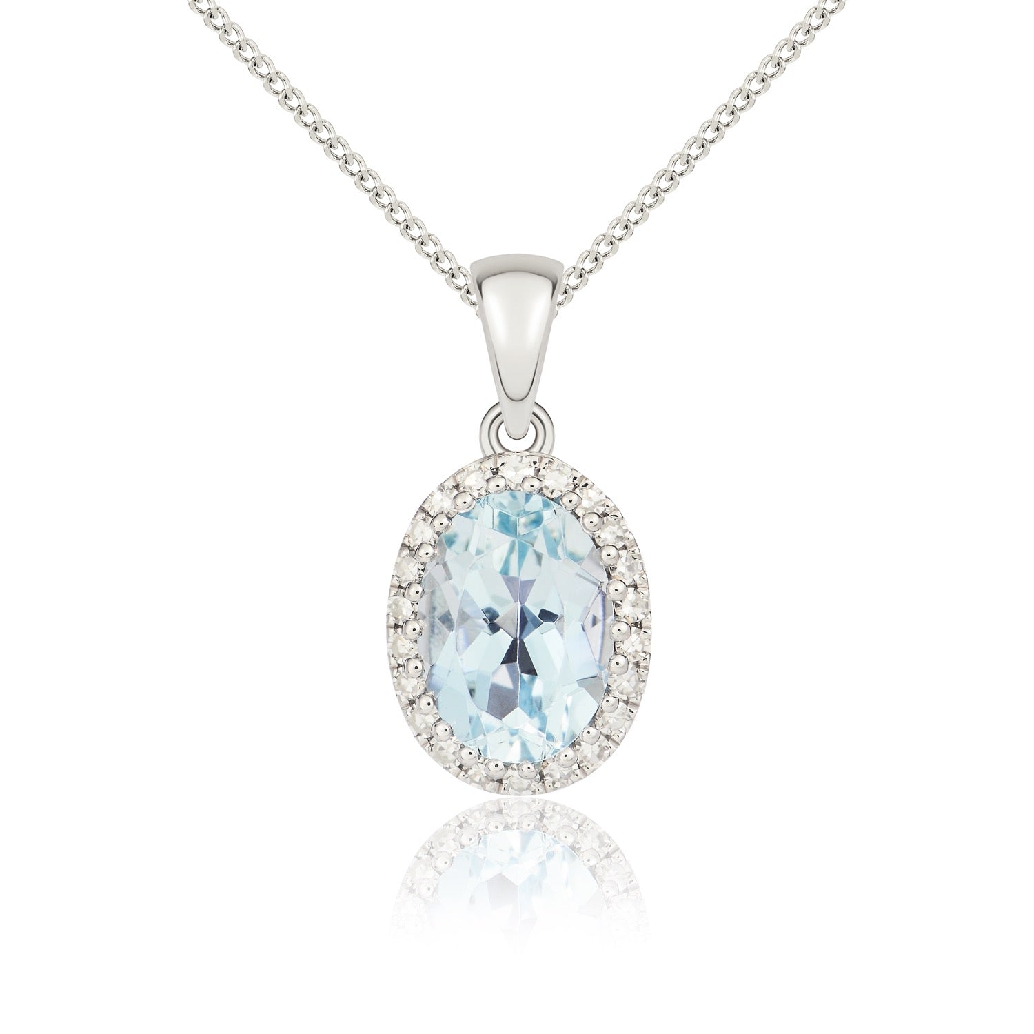 9ct White Gold Oval Aquamarine & Diamond Cluster Pendant