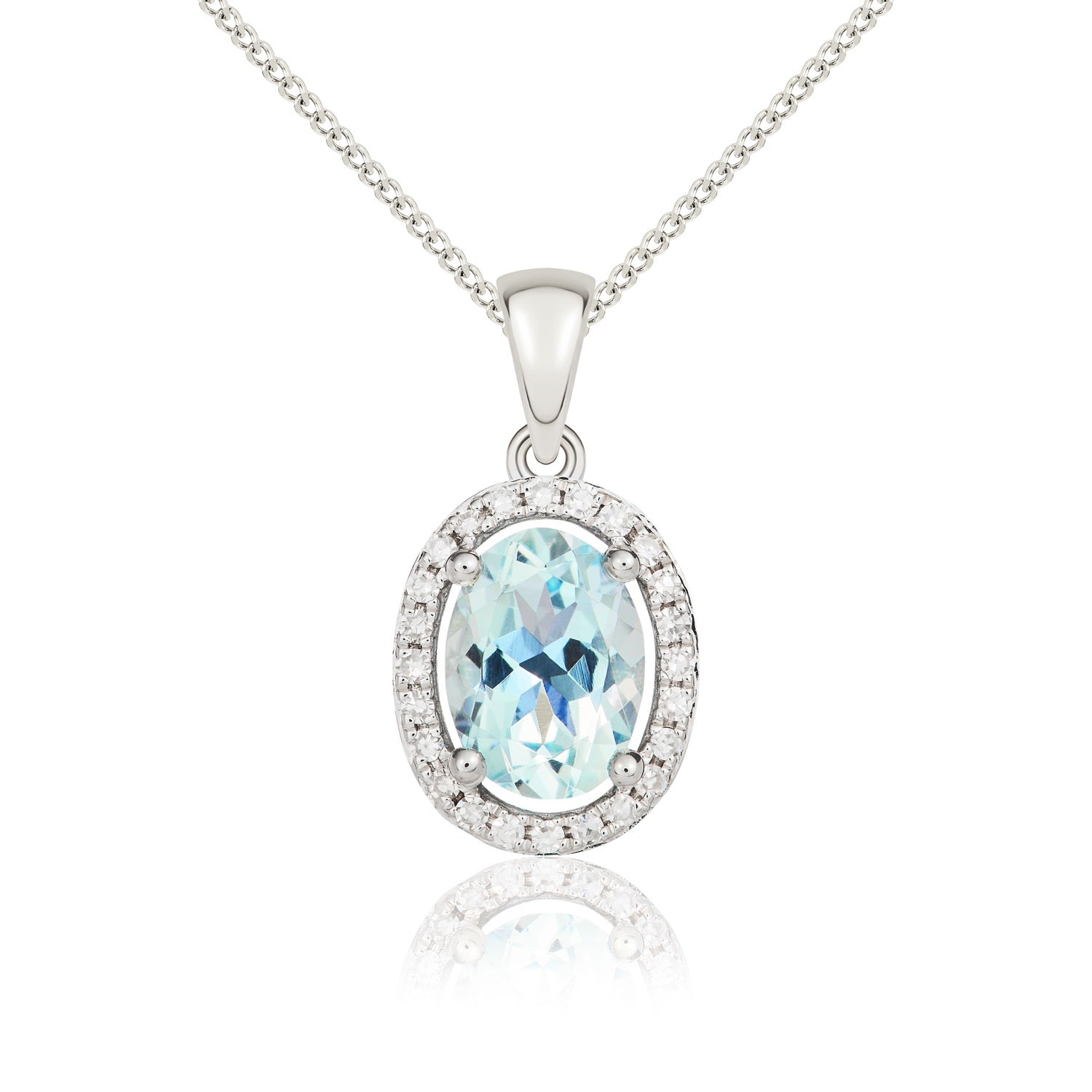 9ct White Gold 7x5mm Oval Aquamarine and Diamond Halo Cluster Pendant