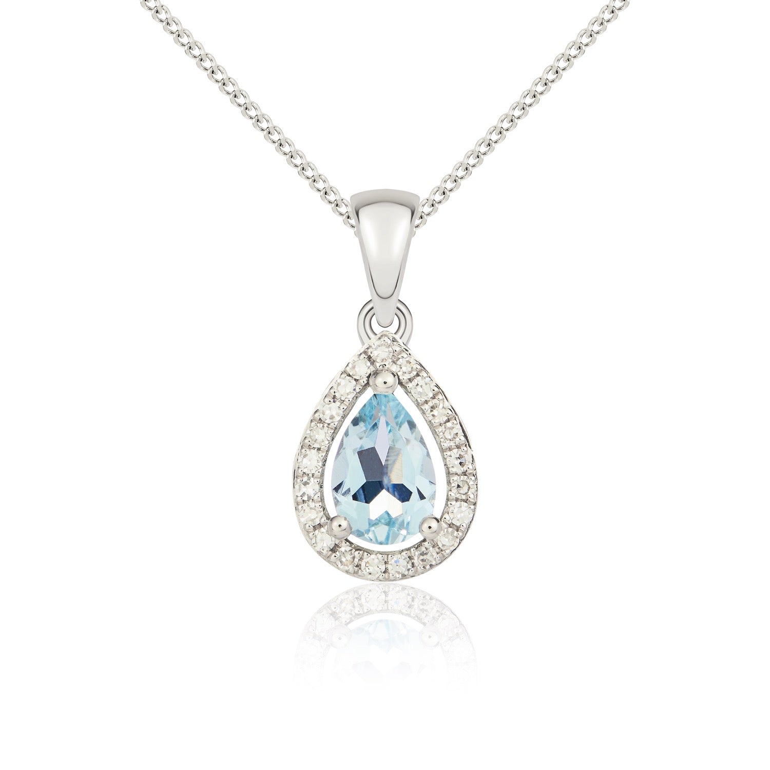 9ct White Gold 6x4 Pear Shape Aquamarine & Diamond Halo Claw Cluster Pendant