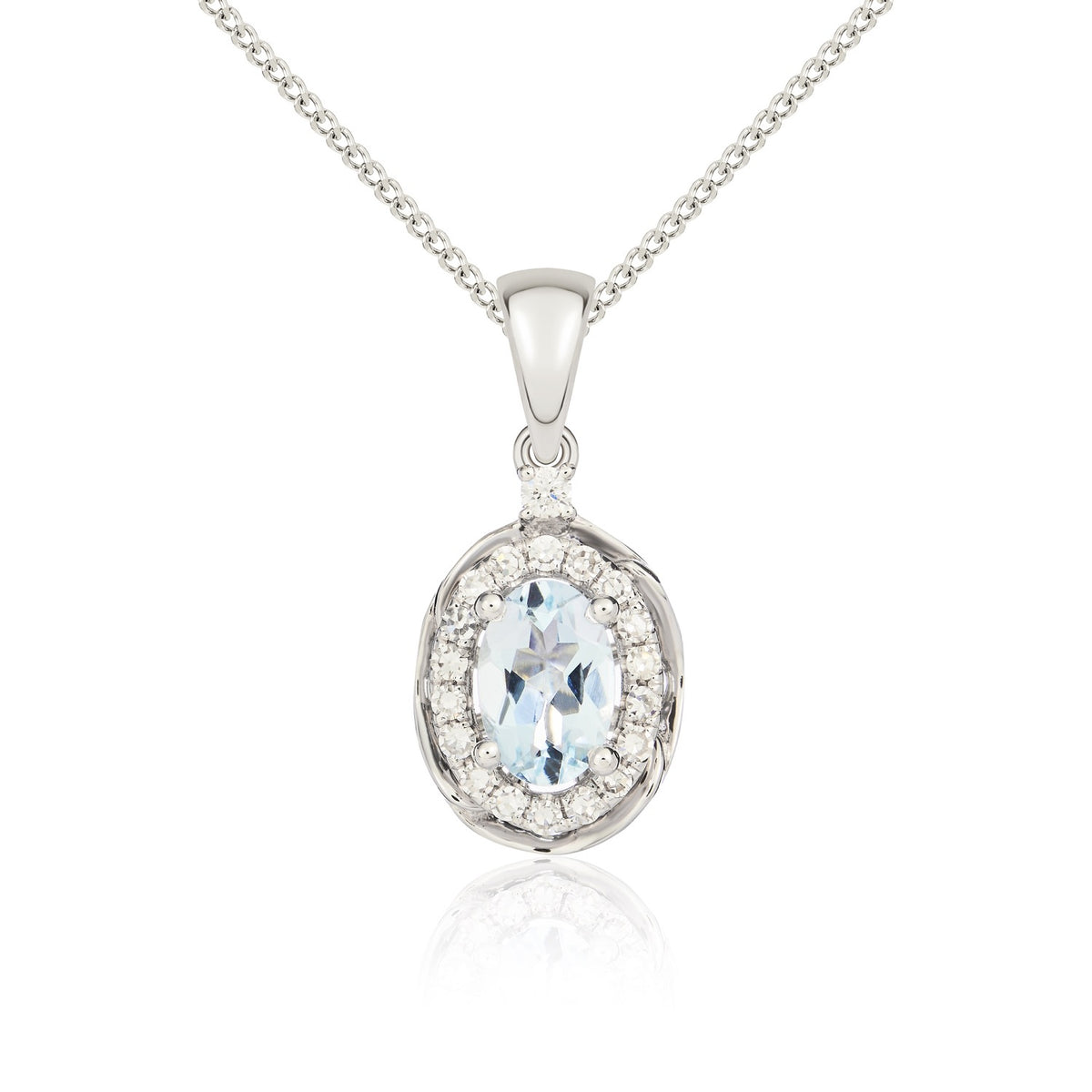 9ct White Gold 6x4 Oval Aquamarine & Diamond Cluster Pendant with Rope Edge