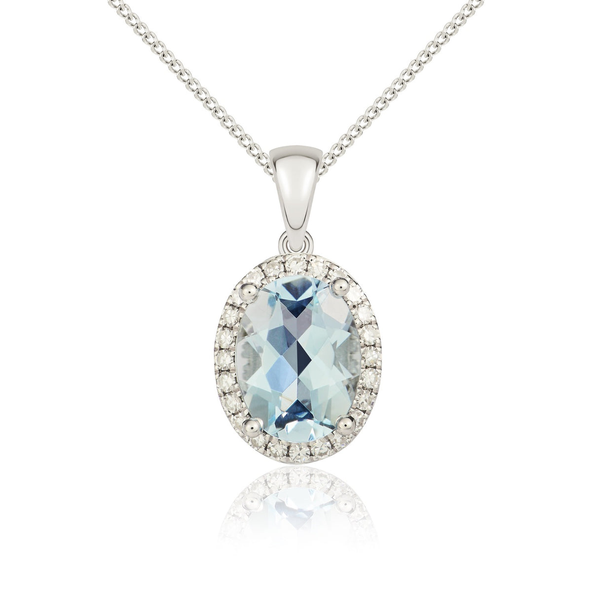 9ct White Gold 8x6mm Oval Aquamarine & Diamond Claw Set Cluster Pendant