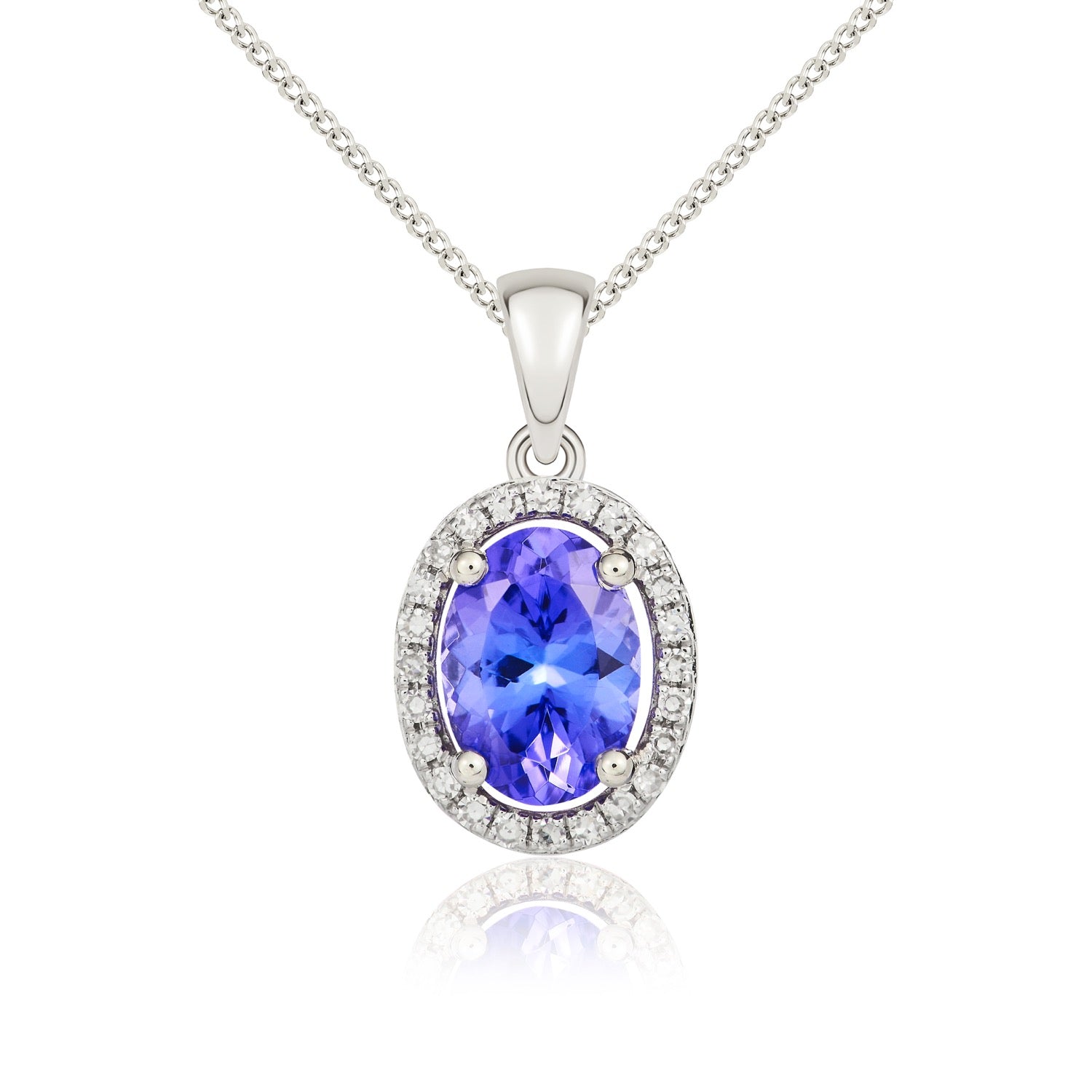9ct White Gold 7x5mm Oval Tanzanite and Diamond Halo Cluster Pendant
