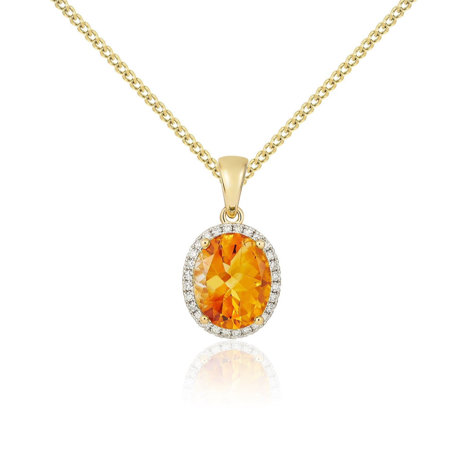 9ct Yellow Gold 10x8 Oval Citrine and Diamond Claw Set Cluster Pendant Rhodium to Diamonds