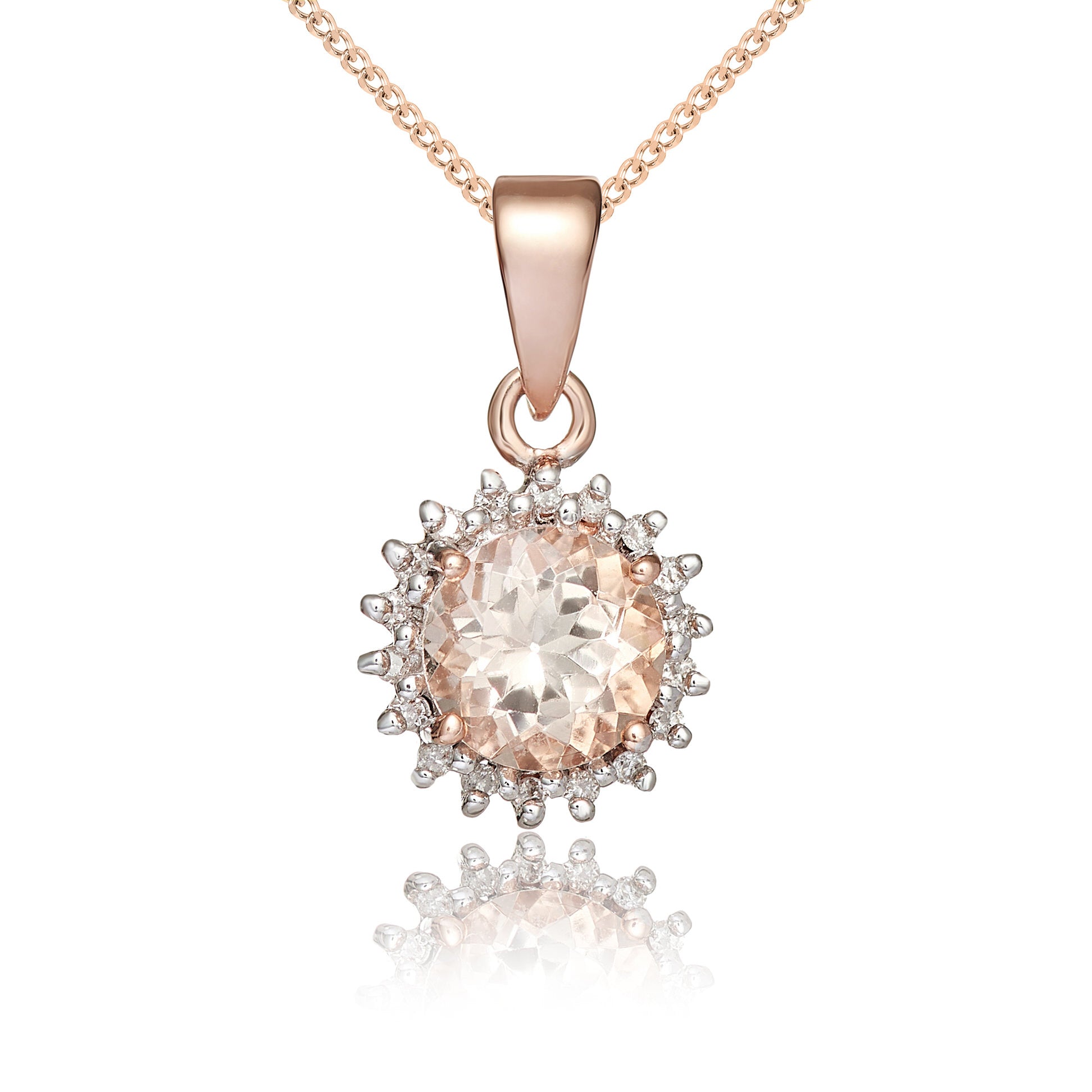 9ct rose gold round morganite & diamond cluster pendant
