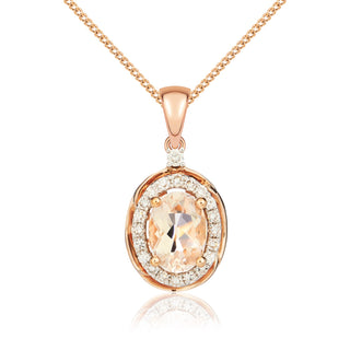 9ct rose gold 7 x 5mm oval morganite & diamond cluster pendant With Rope Edge.