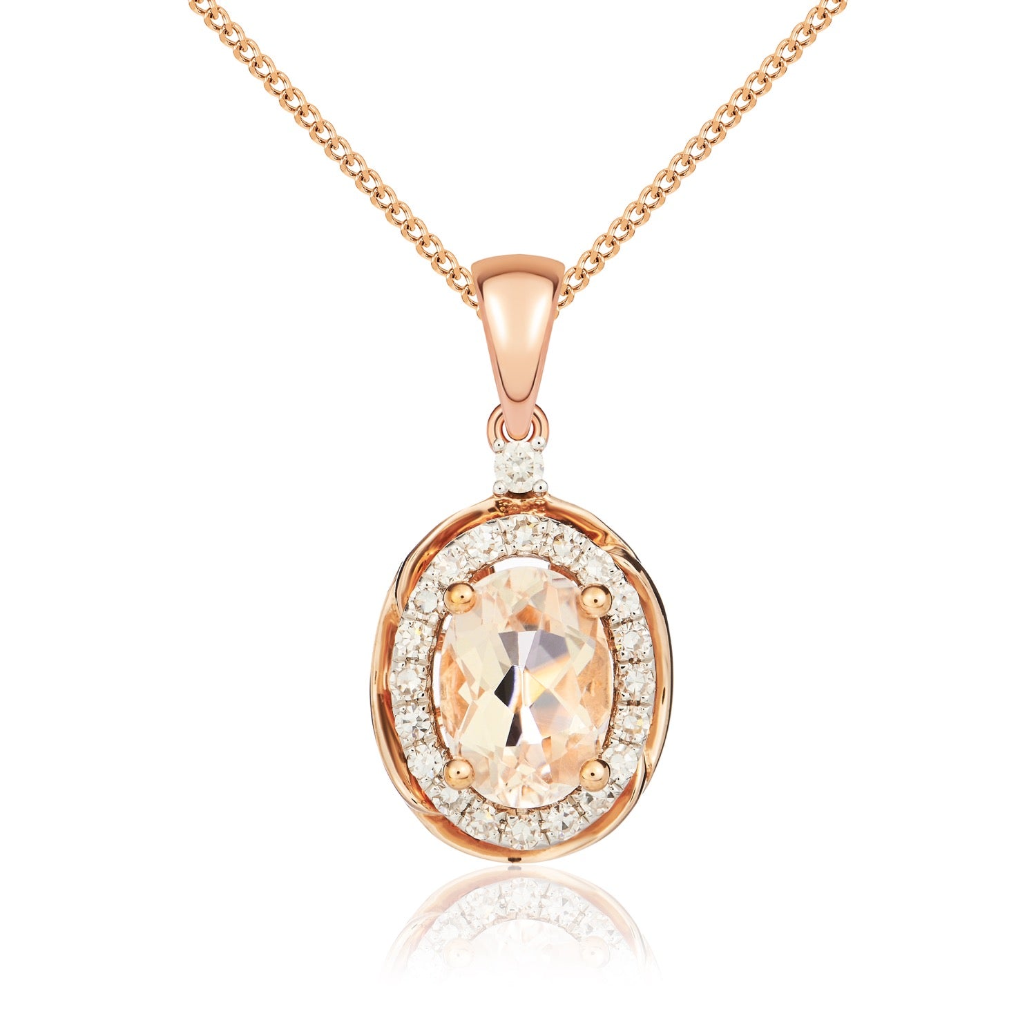 9ct rose gold 7 x 5mm oval morganite & diamond cluster pendant With Rope Edge.