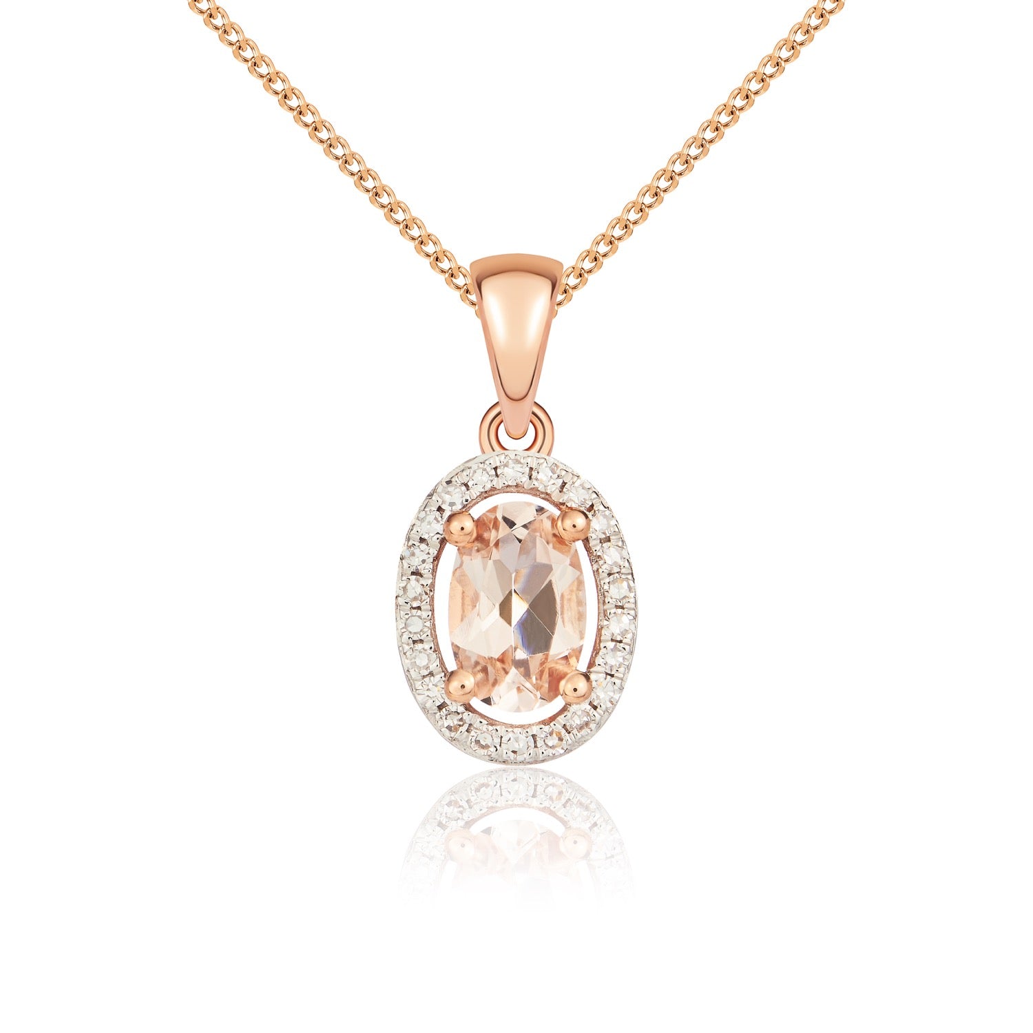9ct rose gold 6 x 4 mm oval morganite And Round diamond Halo cluster pendant