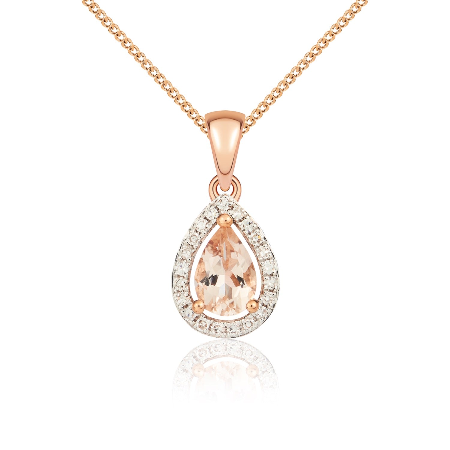 9ct Rose Gold 6x4 Pear Shape Morganite & Diamond Halo Claw Cluster Pendant Rhdoium to Diamonds