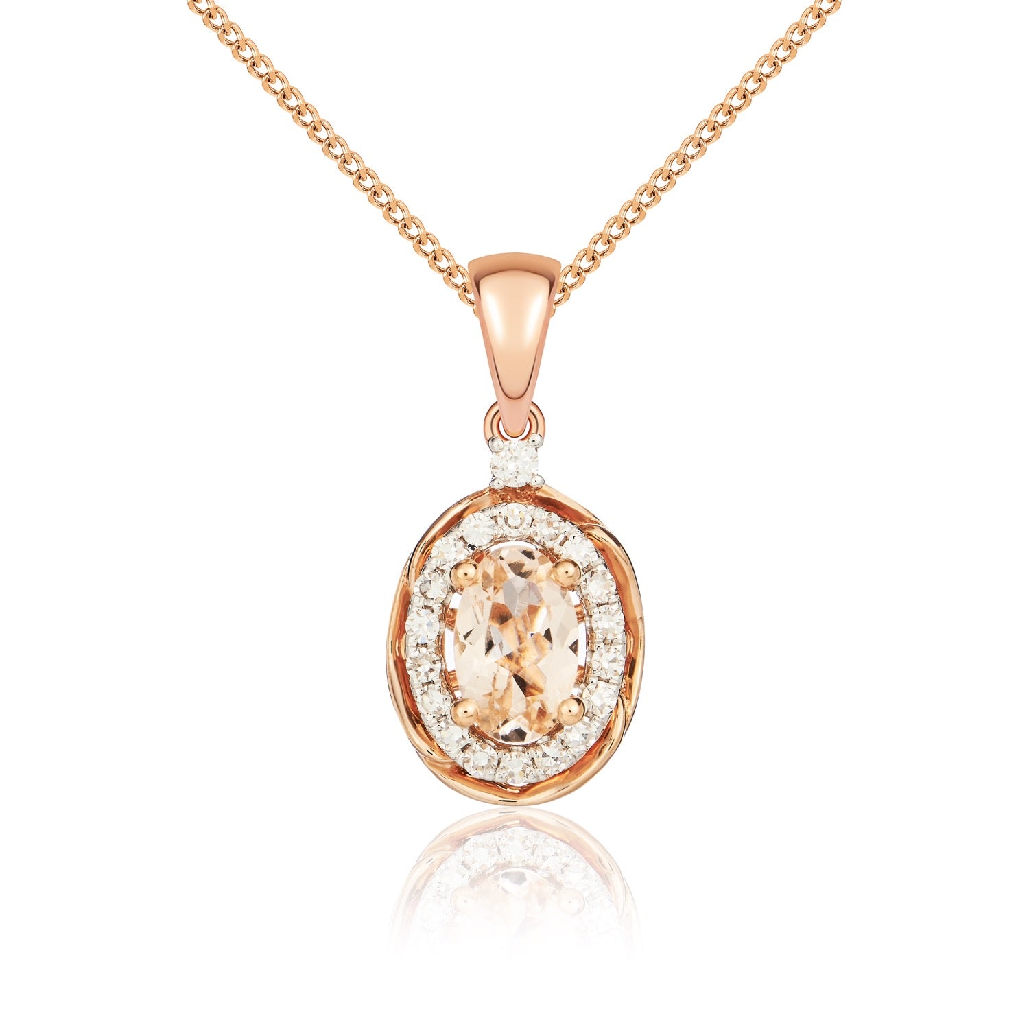 9ct rose gold 6 x 4 mm oval morganite & diamond cluster pendant With Rope Edge.