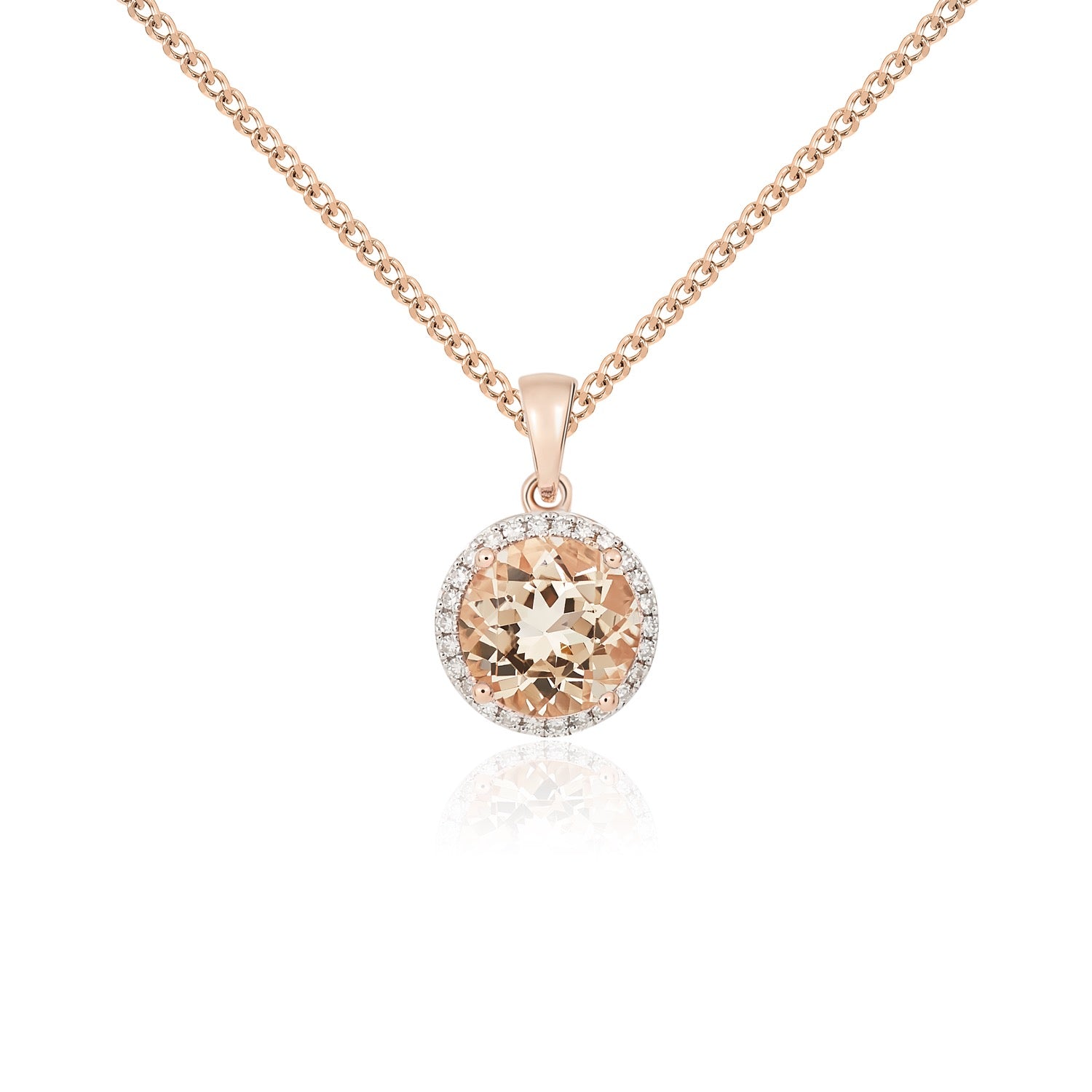 9ct rose gold 8mm Round morganite And diamond Claw cluster pendant