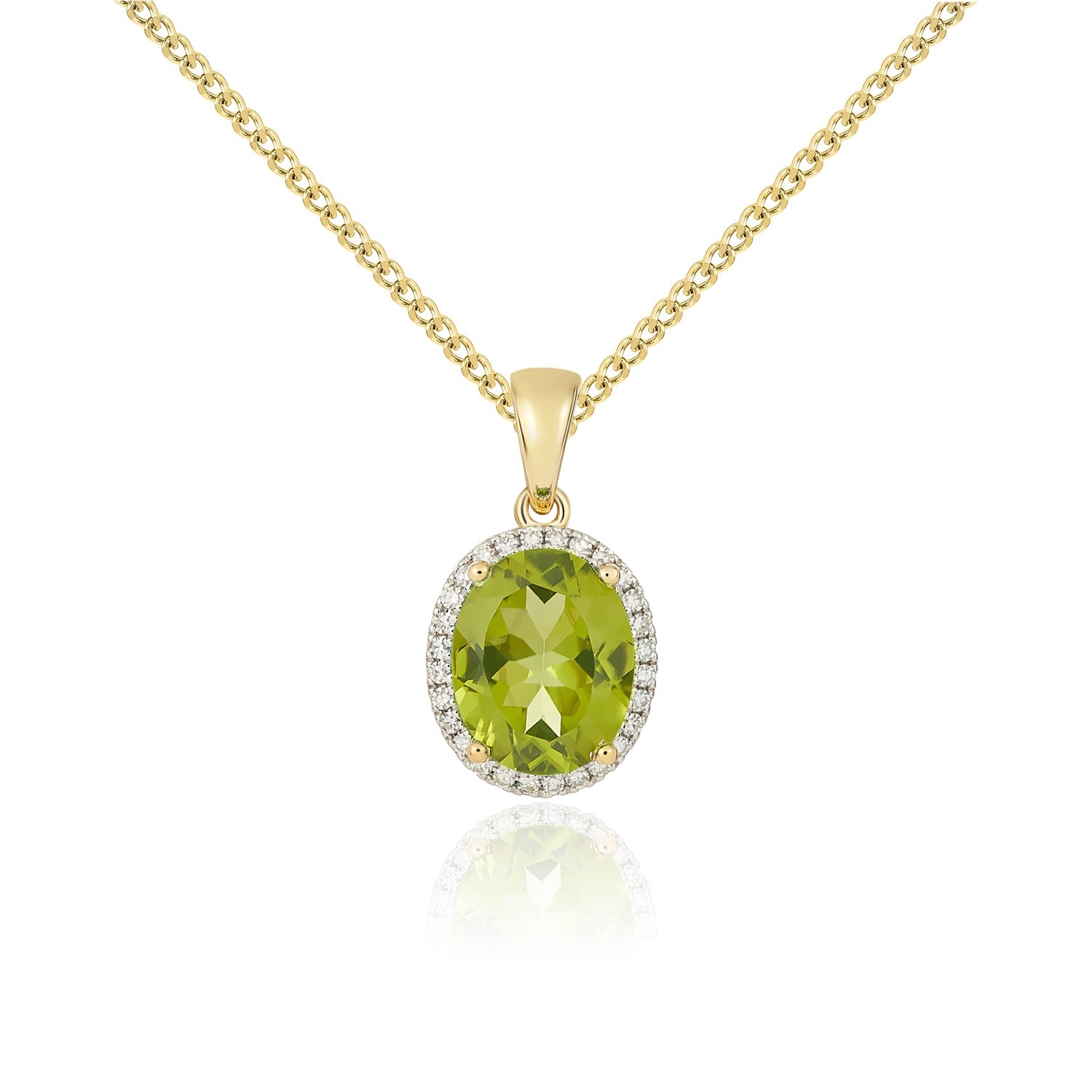 9ct Yellow Gold 10x8 Oval Peridot & Diamond Claw Cluster Pendant Rhodium to Diamonds
