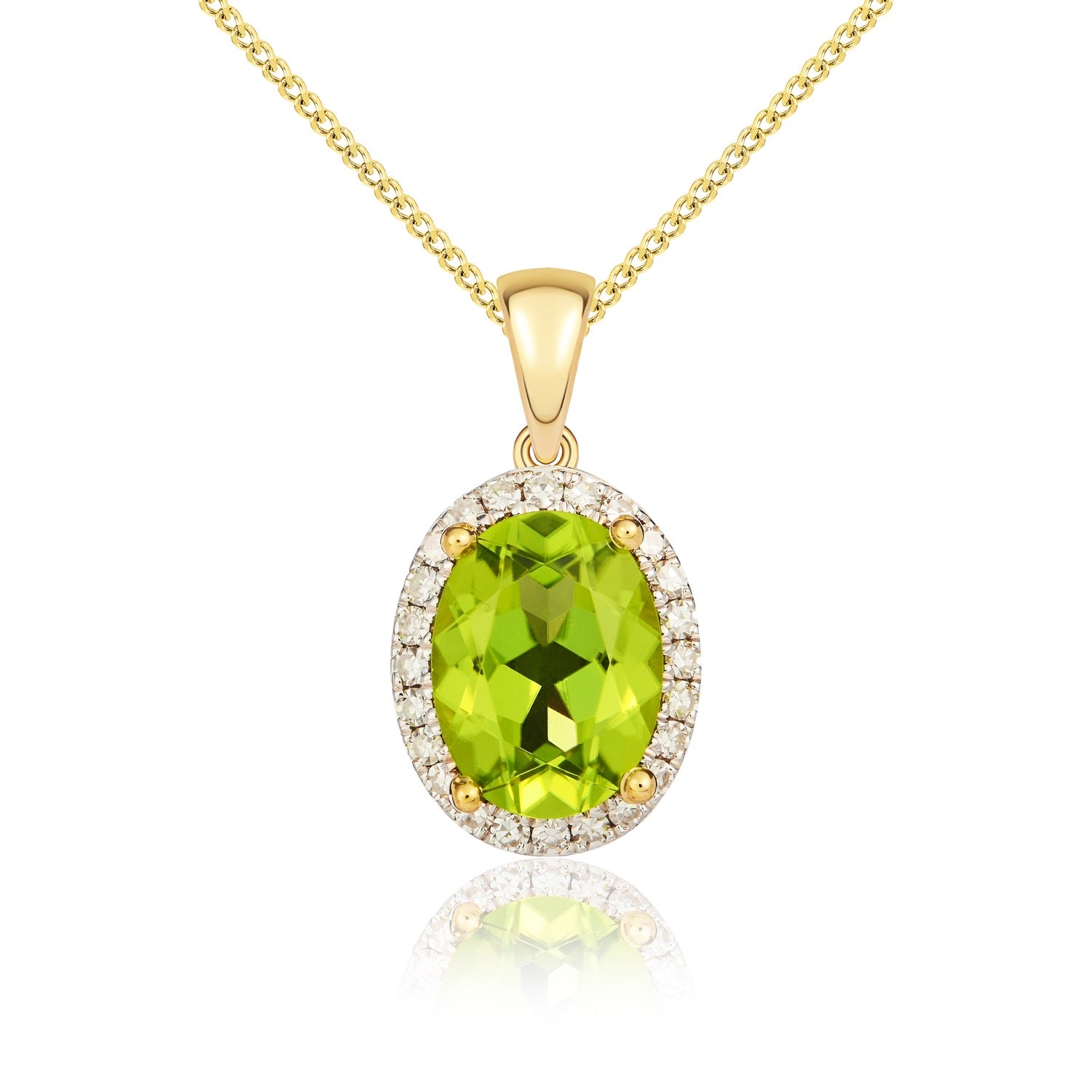 9ct Yellow Gold Oval Peridot & Diamond Cluster Pendant